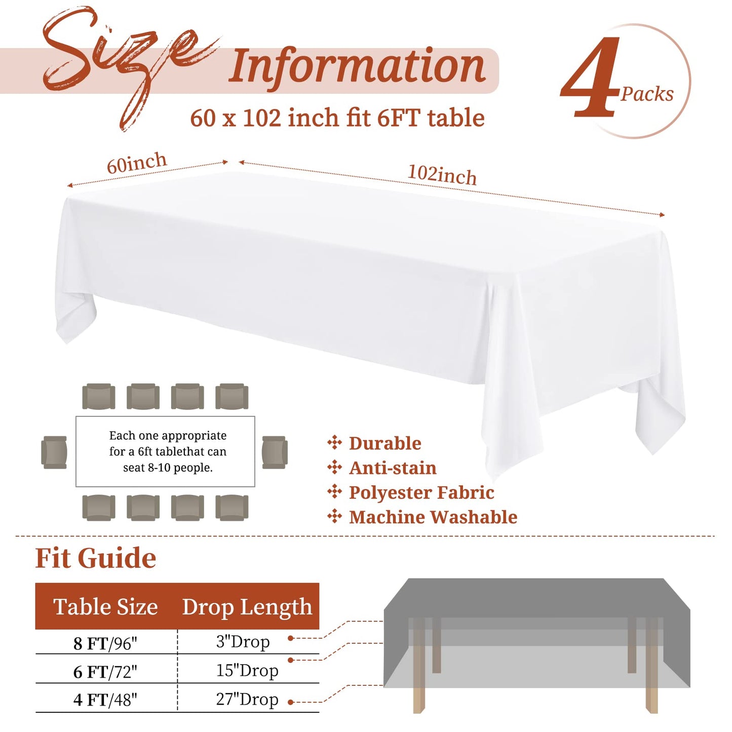 4 Pack White Polyester Tablecloth for 6ft Rectangle Tables 60 x 102 Inch Rectangular Fabric Table Clothes Washable White Polyester Table Covers for Wedding Banquet Restaurant Buffet Parties Camping 153x260cm|60x102in 4