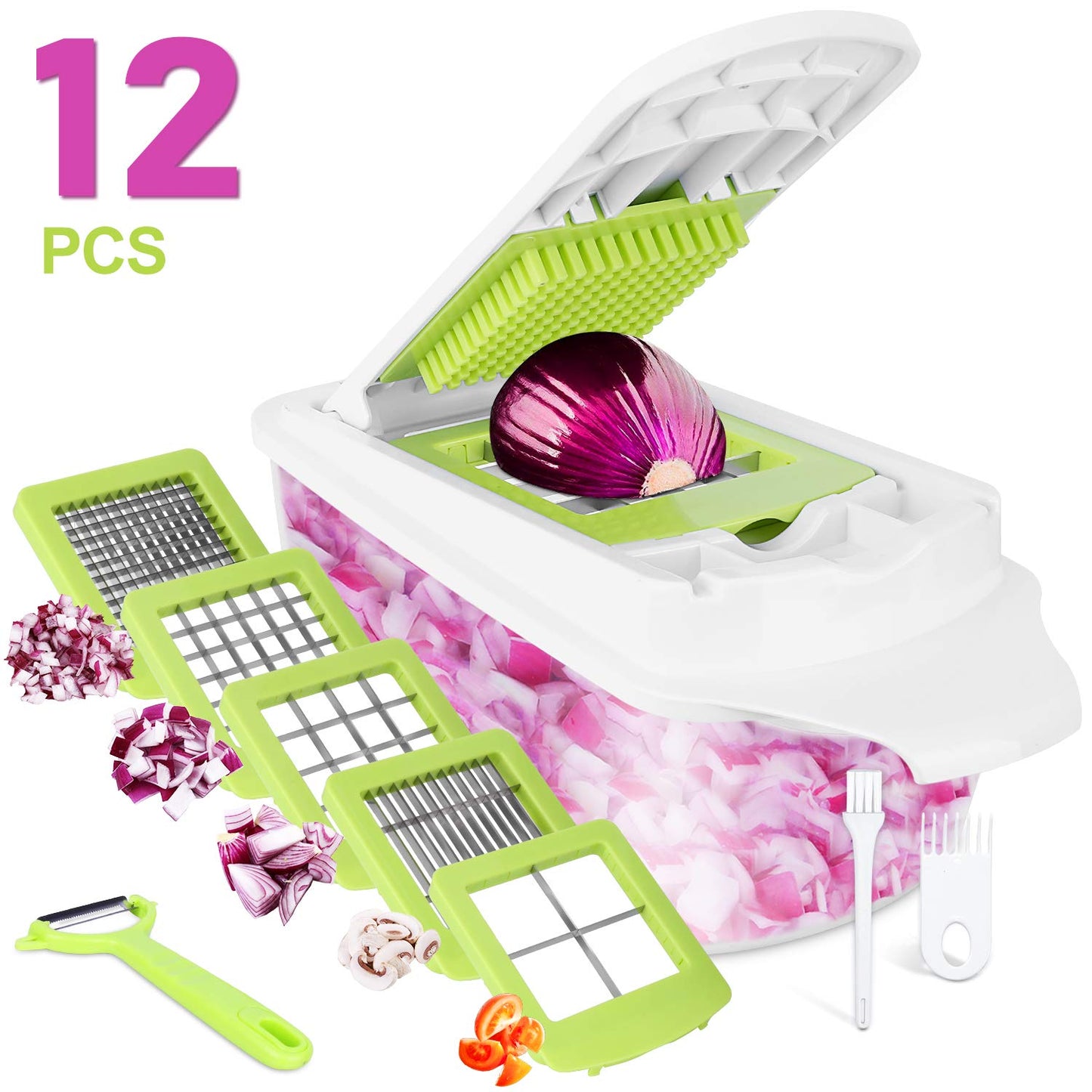 12 in 1 Vegetable Chopper Vegetable Dicer Multifunctional Vegetable Cutter Salad Chopper Onion Chopper Potato Cutter Onion Dicer Veg Dicer Veg Chopper with Container, Peeler, Cleaning Brush