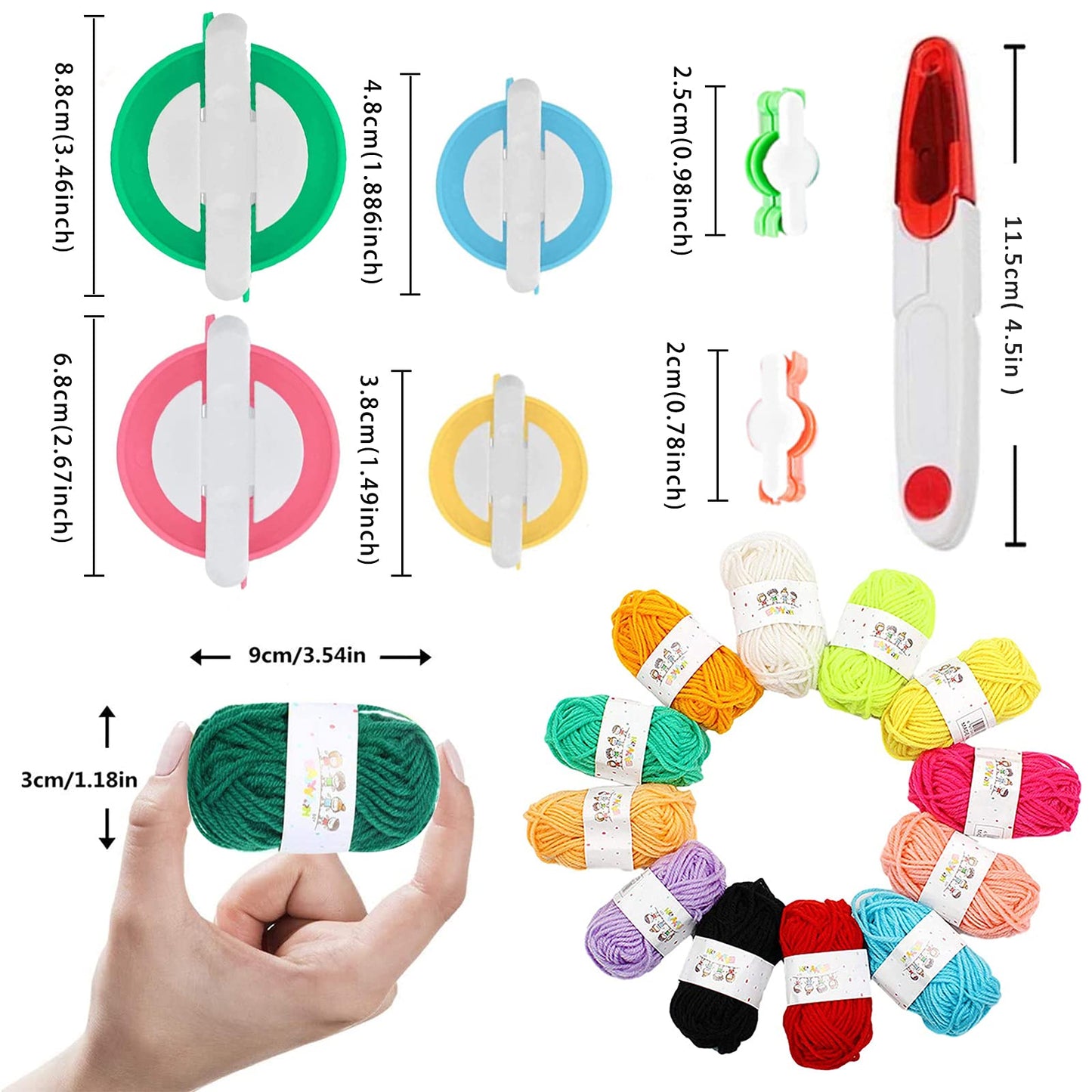 20 Pack Pom Pom Making Tool Set, 6 Different Sizes Pompom Maker with 12 Colours Yarn, DIY Fluff Balls Knitting Craft Making Kit with Sewing Scissors for Kids and Adult 12