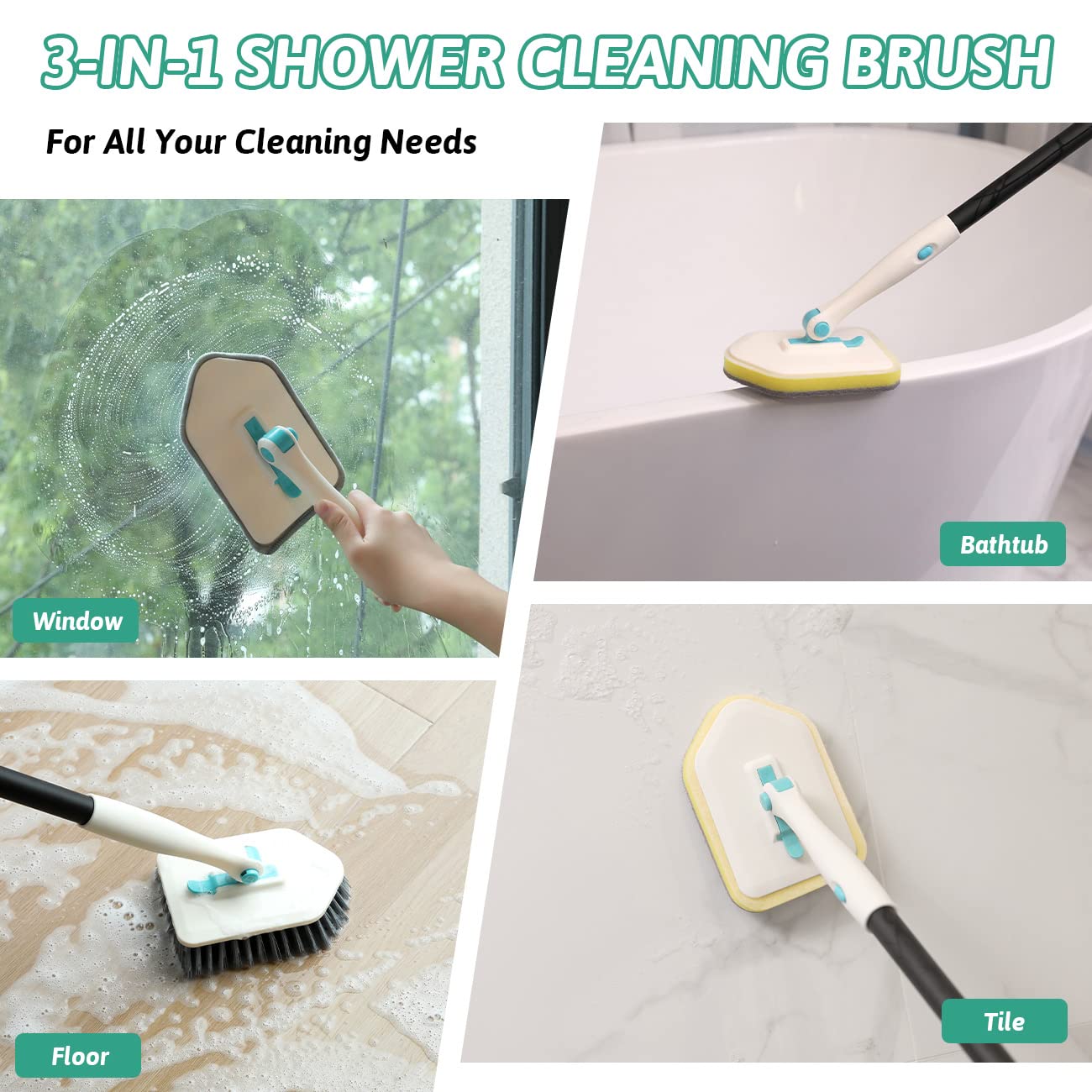 3-In-1 Shower Cleaning Brush with 51'' Long Handle, Fixable Bathroom Cleaning Brush, Long Handled Scrubbing Brush for Bathroom Tile, Adjustable Bathroom Cleaning Products by MAYKI White Cleaning Brush Set