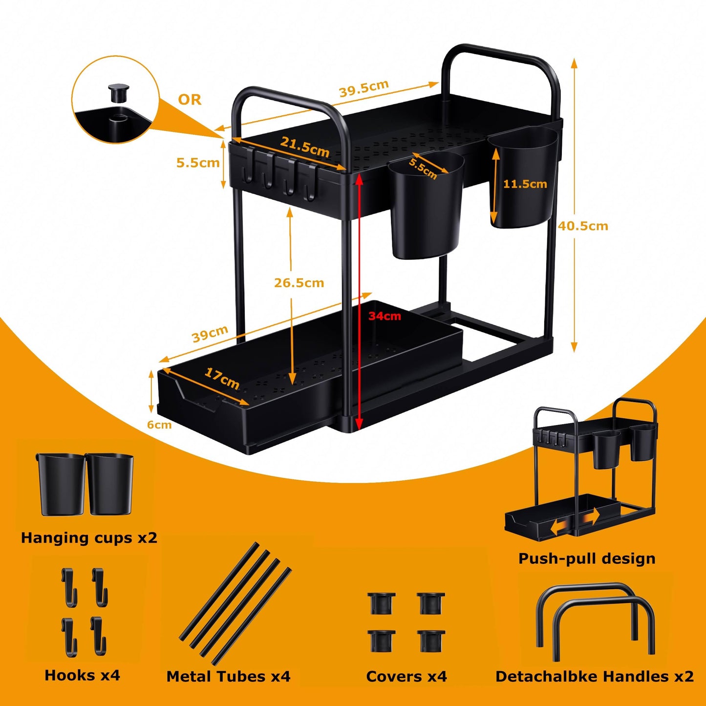 2 Tier Under Sink Storage,Under Sink Organiser with Bottom Sliding Basket Drawer,4 Hooks, 2 Hanging Cup, Handles,Multi-Purpose Under Sink Cabinet Organiser for Bathroom Kitchen Countertop,Black Black-1 pack