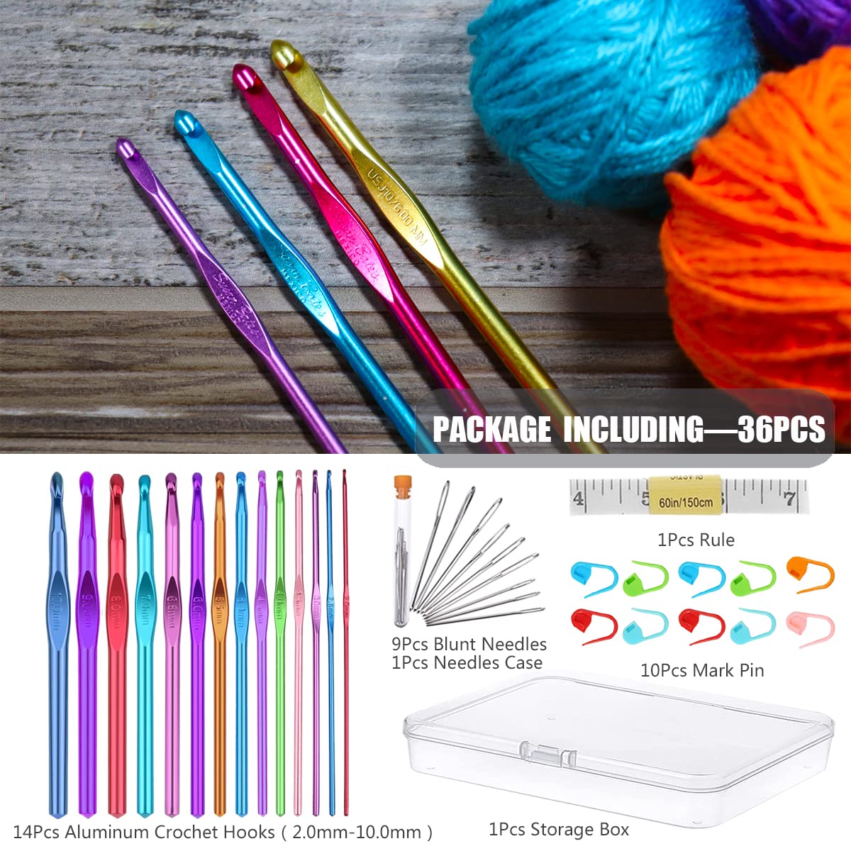 36Pcs Crochet Hooks Set 14pcs Aluminum Crochet Hooks Knitting Accessories Tools with Case Crochet Kits for Beginners Adults 2.0mm-10.0mm Transparent