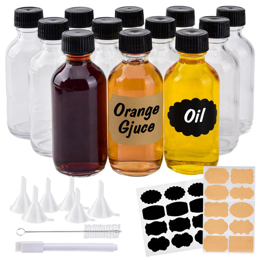 12 Pack 2oz Small Clear Glass Bottles with Caps, 60ml Glass Juice Bottles, Wellness Shot Bottles with Funnels, Stickers and Brush, Mini Liquor Bottles for Juice, Water, Ginger, Whiskey, Potion, Sample