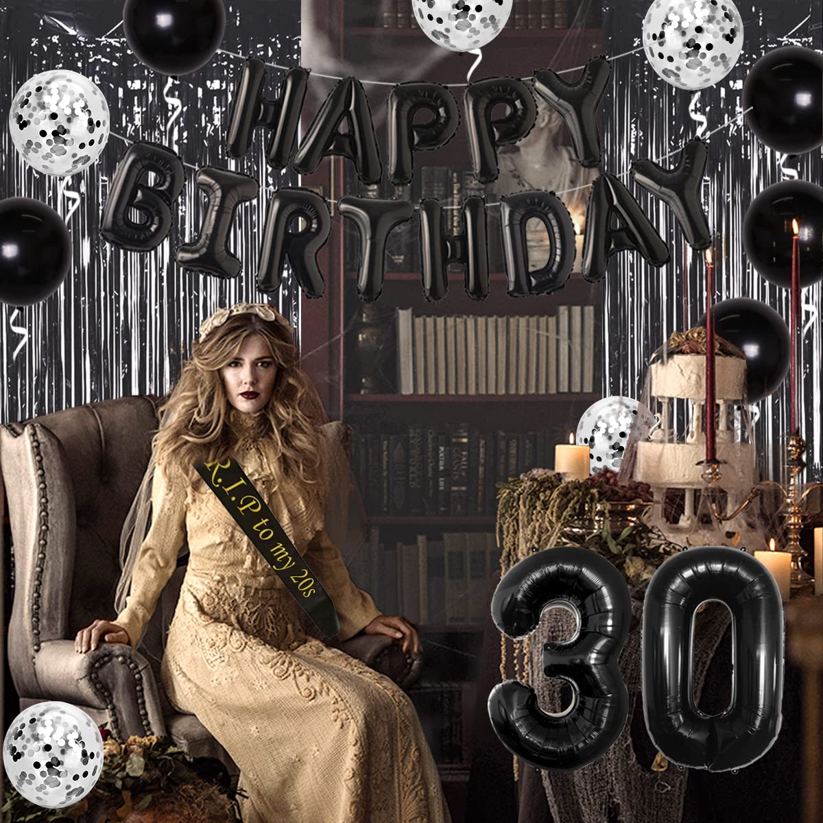 30th Birthday Decorations for Him Her Black Death to My Twenties Banner, Rip to My 20s Sash, Number 30 Balloon, Happy Birthday Balloon Banner, Foil Curtain for Funny Thirtieth Birthday Party Supplies Rip Twenties 1