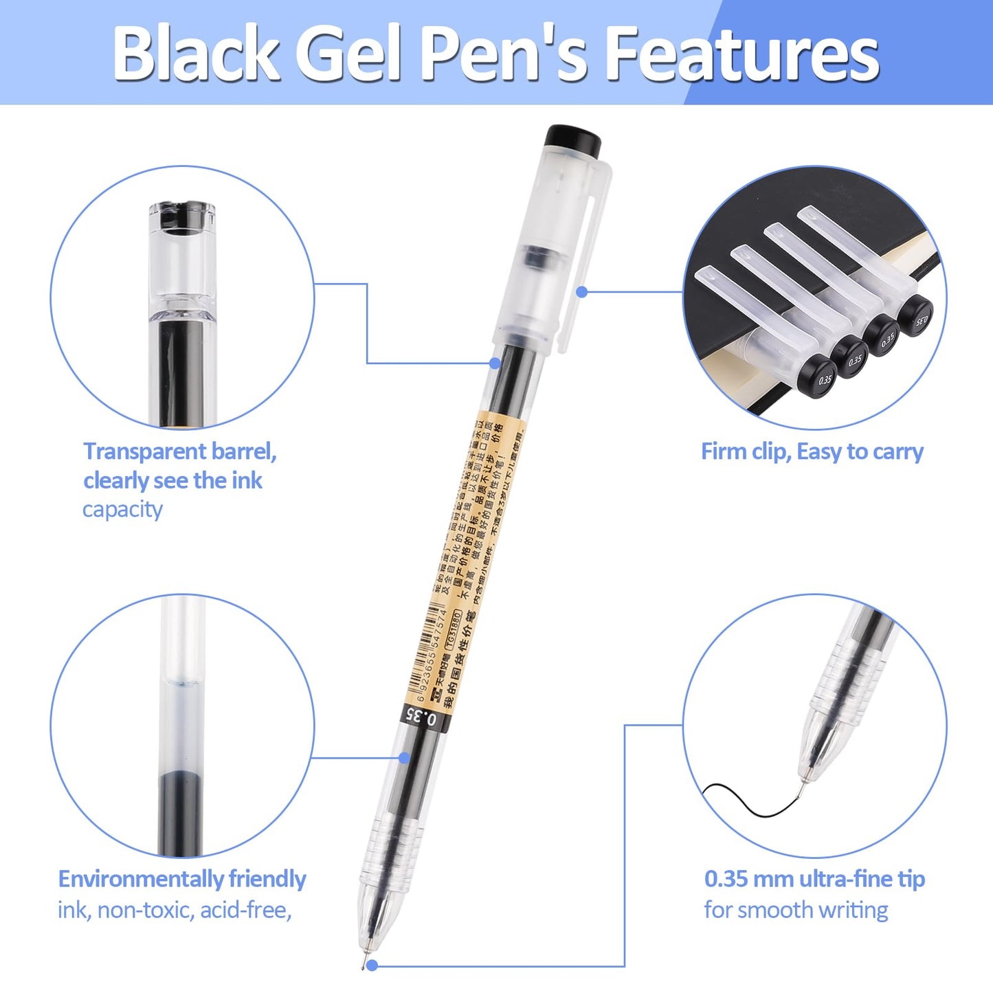 12 Pcs Gel Pens Black, Rollerball Pens, Smooth Writing Pens, Ink Pen for Writing, Liquid Ink Rollerball Pens, Pens Multipack, Handwriting Pens for School Kids Adult - 0.35mm