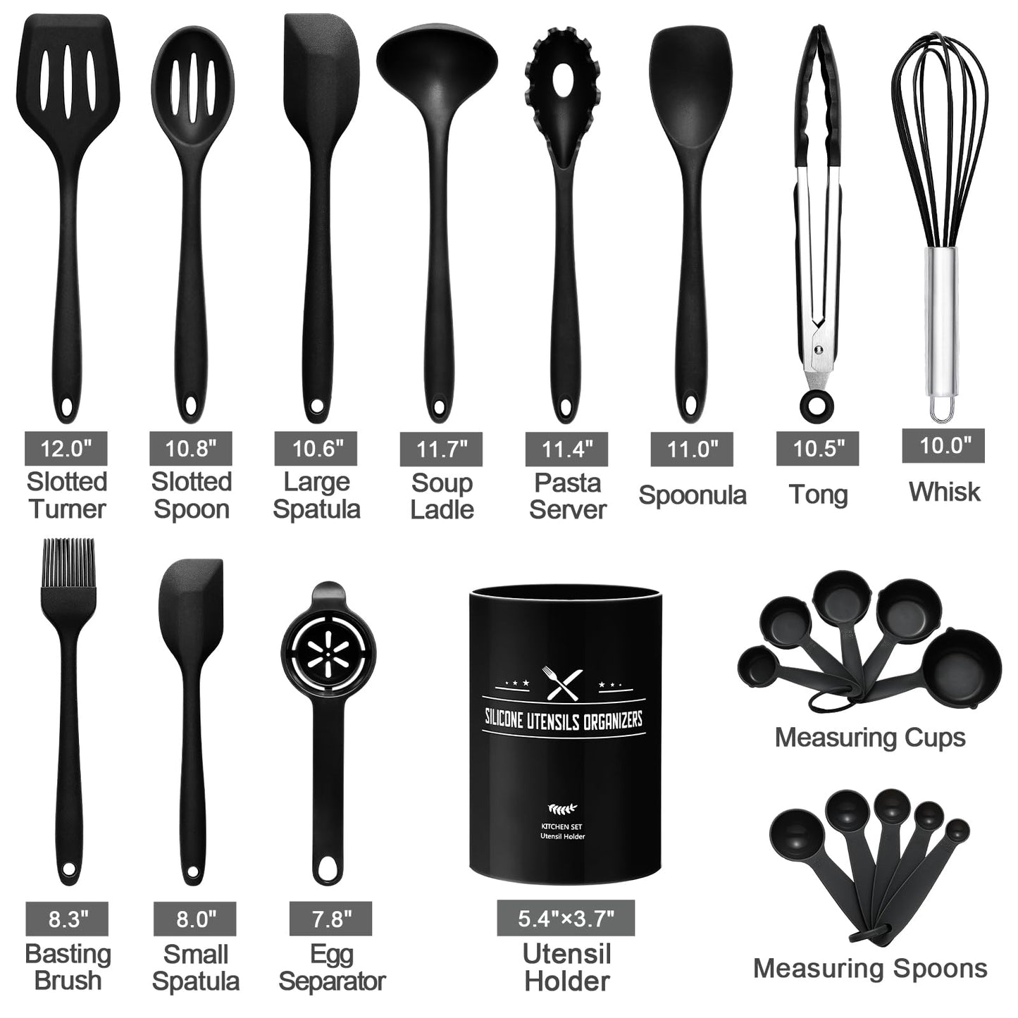 22pcs Silicone Kitchen Cooking Utensils Set, Non Stick Silicone Spatula Turner Tongs Cooking Tools, Heat-Resistant Premium Stainless Steel Core Kitchen Utensils with Holder (Black)