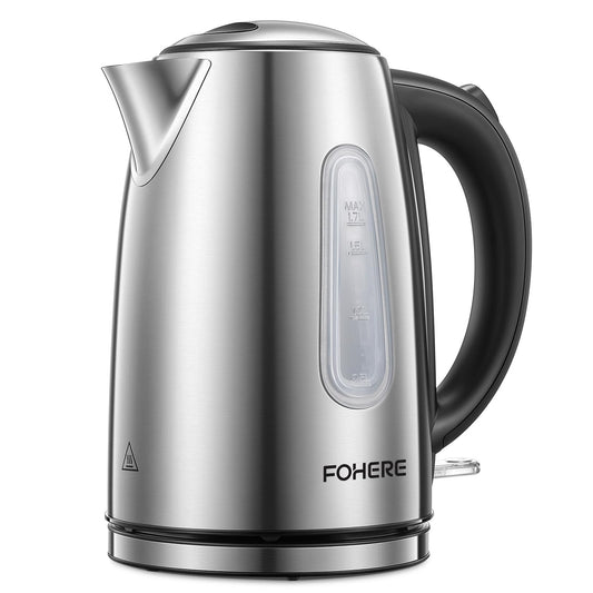 3000W Fast Boil Kettle, FOHERE Stainless Steel Cordless Electric Kettle, BPA-Free Hot Water Boiler, 1.7 Liter, Removable Washable Filter, Boil Dry Protection & Auto Shut Off, Silver