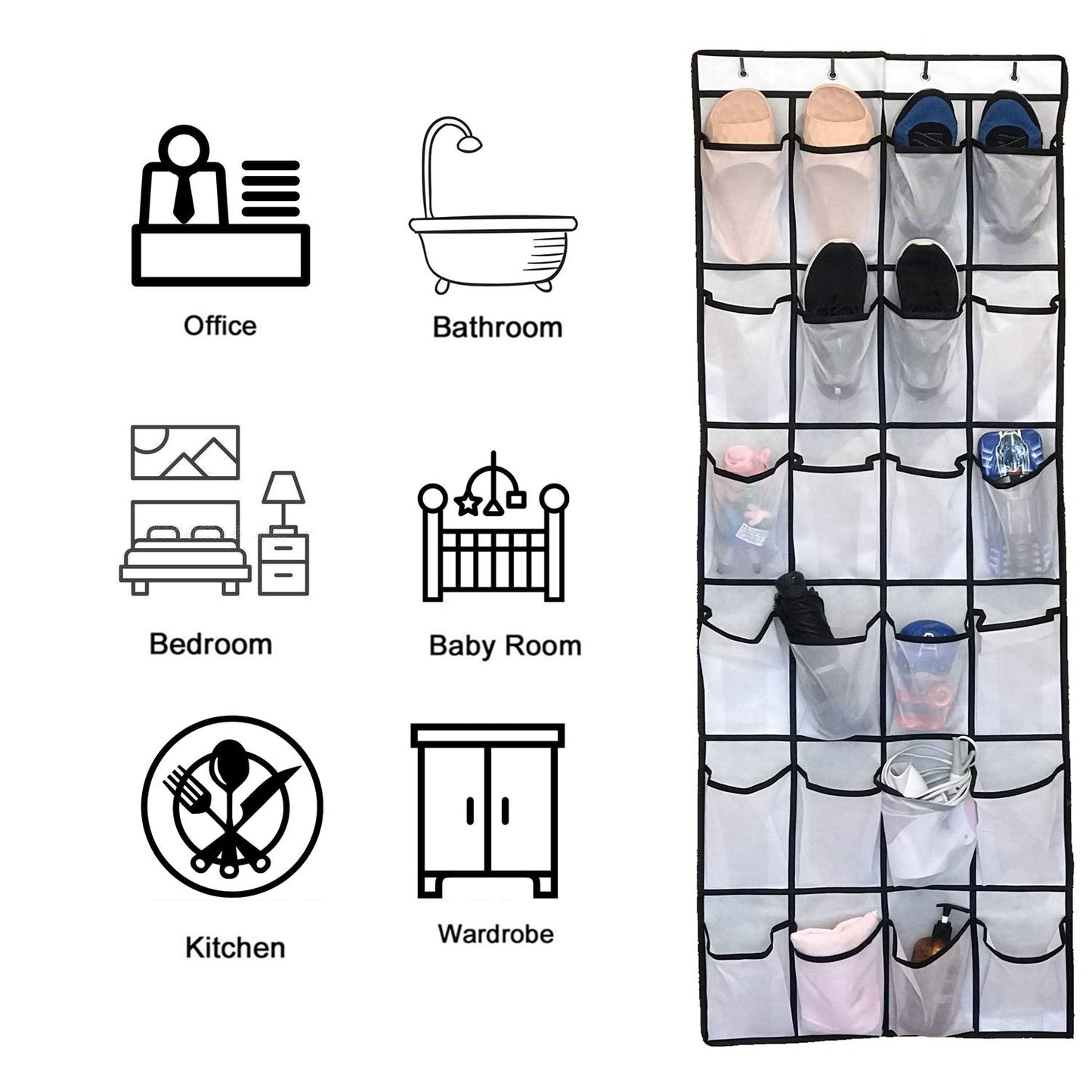 2 Pack Organiser Hanging Over the Door, Shoe Racks with 48 Large Mesh Pockets 8 Hooks, Shoe Storage, Gadget Storage for Kitchen Bedroom Bathroom Closet