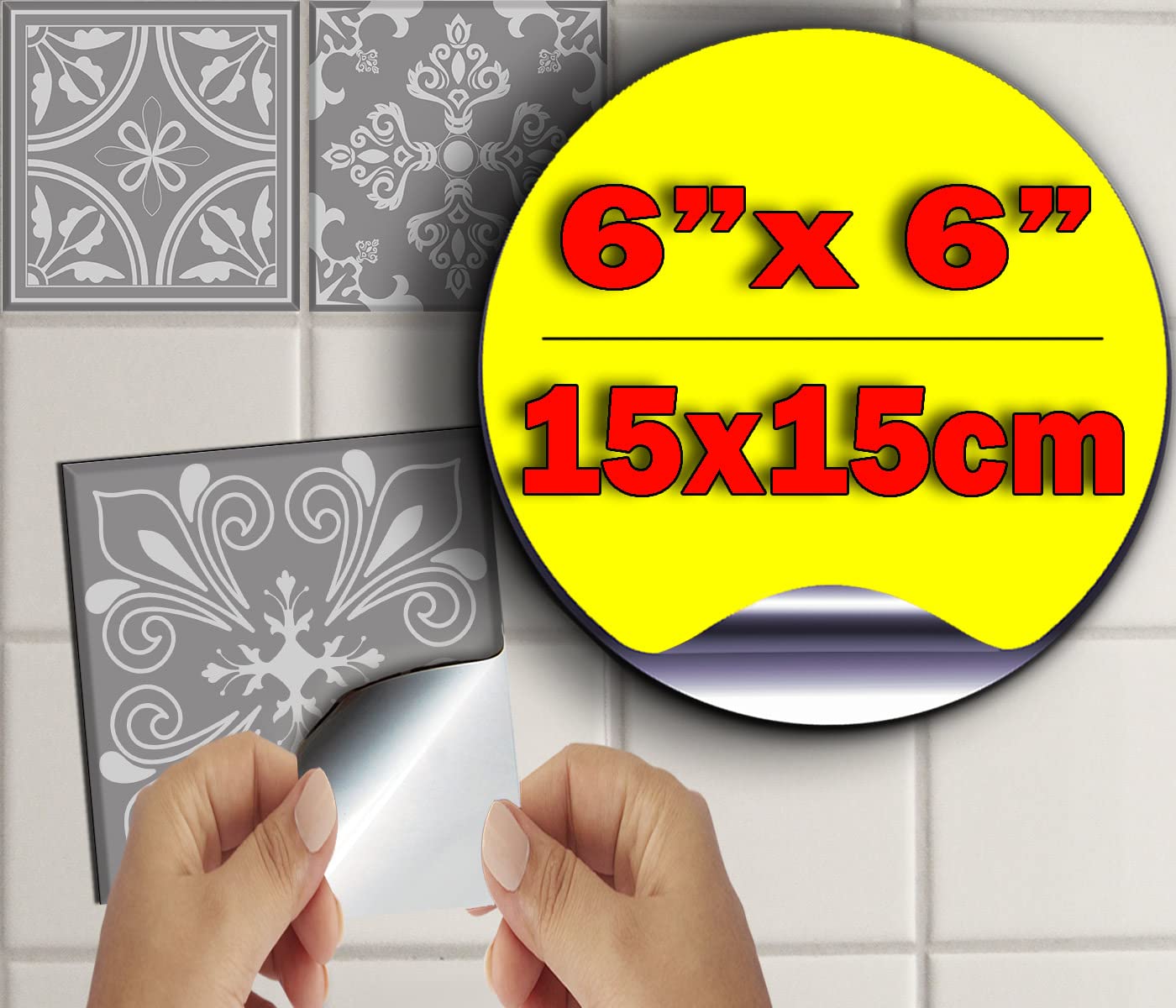 48 Grey Tile Stickers Victorian Mosaic Style Tile Stickers Transfers Cover for Tile Kitchen Bathroom Stick On Wall Peel and Stick Tile Stickers Decals Transfers. (6"- 48 Stickers) 6"- 48 Stickers