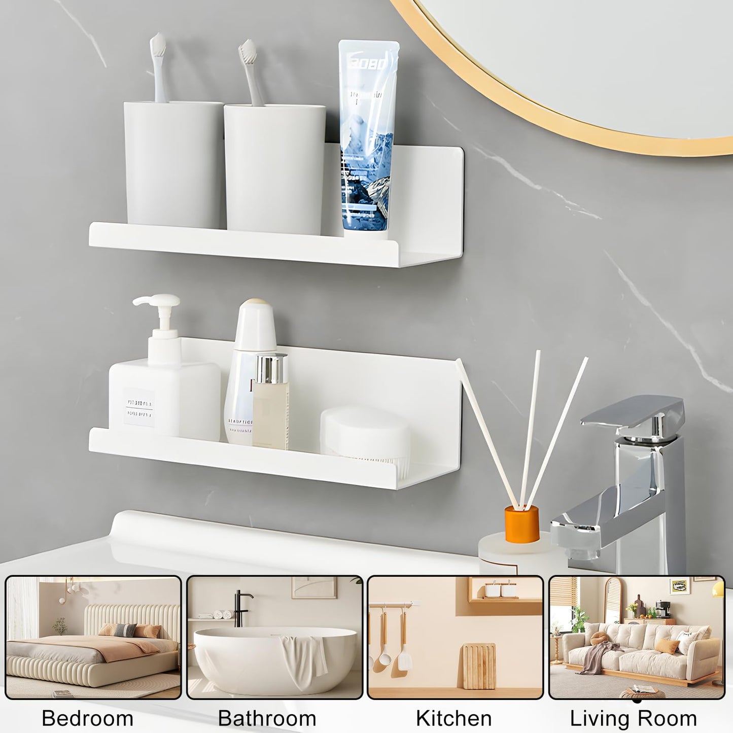 2 Pcs Acrylic Floating Shelves, 30*9.5CM Self Adhesive Acrylic Bathroom Floating Shelves, No Drill Display Shelf, Easily Expand Wall Space Acrylic Adhesive Shelves for Bathroom, Bedroom, Living Room