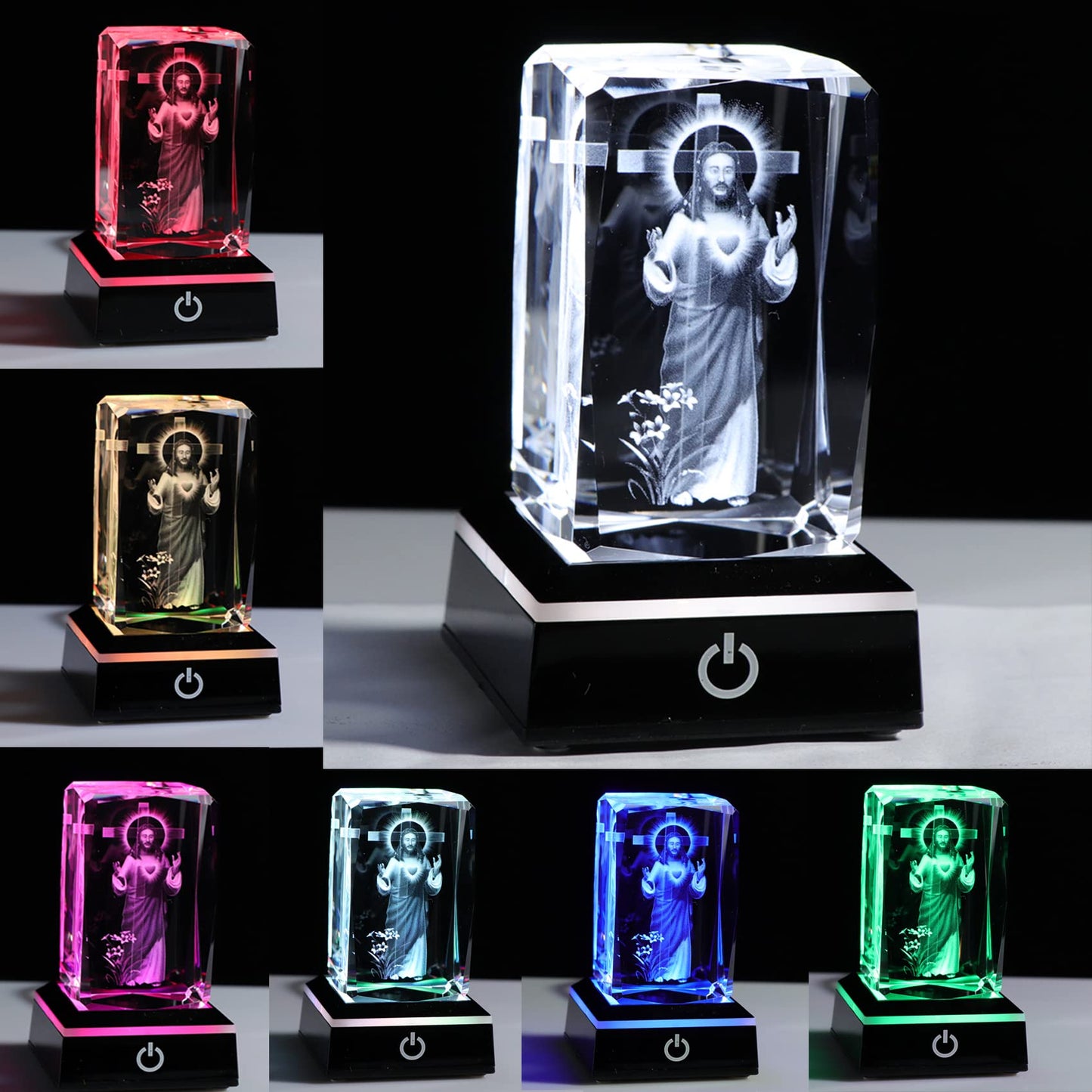 3D Engraved Jesus Cross Missionary Crucifix Statue K9 Crystal Keepsake with Colorful Light Base, Catholic Gifts for Women Men Religious Gifts for Friends Church Glass Ornaments