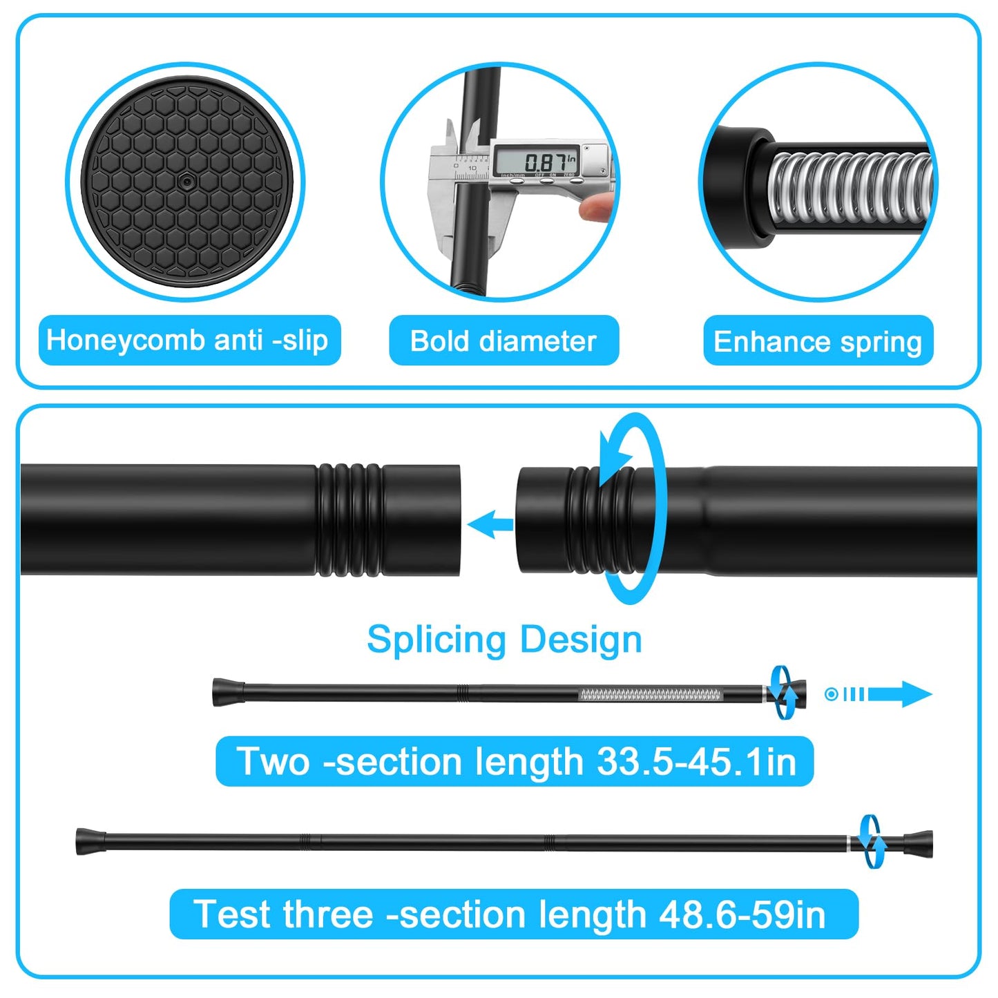 2Pcs Tension Curtain Rod 85 to 150 cm Black Tension Rod Never Rust Spring Tension Rod Adjustable Curtain Rod Non-Slip Spring Curtain Rod No Drilling Curtain Tension Rod for Window or Shower 85-150cm-2pcs