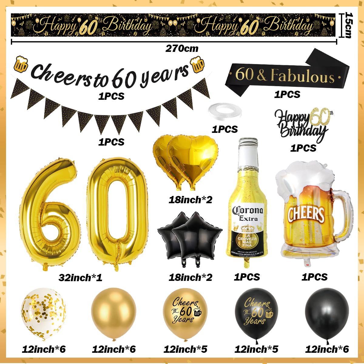 60th Birthday Decoration for Men, 60th Black Gold Balloons with Cheers to 60 Years Banner, Beer & Beer Mug Foil Balloons, Number 60 Foil Balloons for Birthday Party Decorations