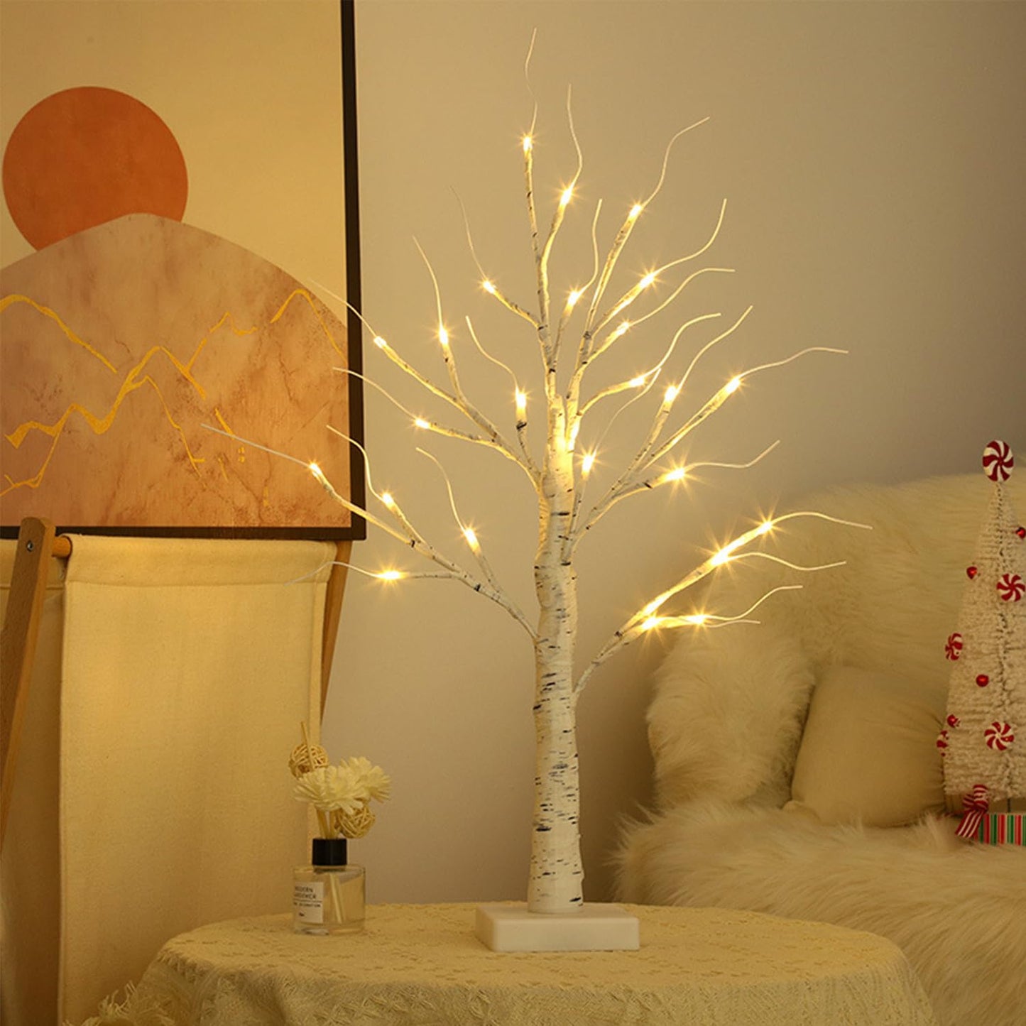 2FT Lighted Birch Tree for Tabletop, Birch Christmas Tree with Lights, Warm White 24 LEDs Birch Tree Light for Christmas Decorations Indoor Bedroom Home Wedding Holiday Thanksgiving Gifts