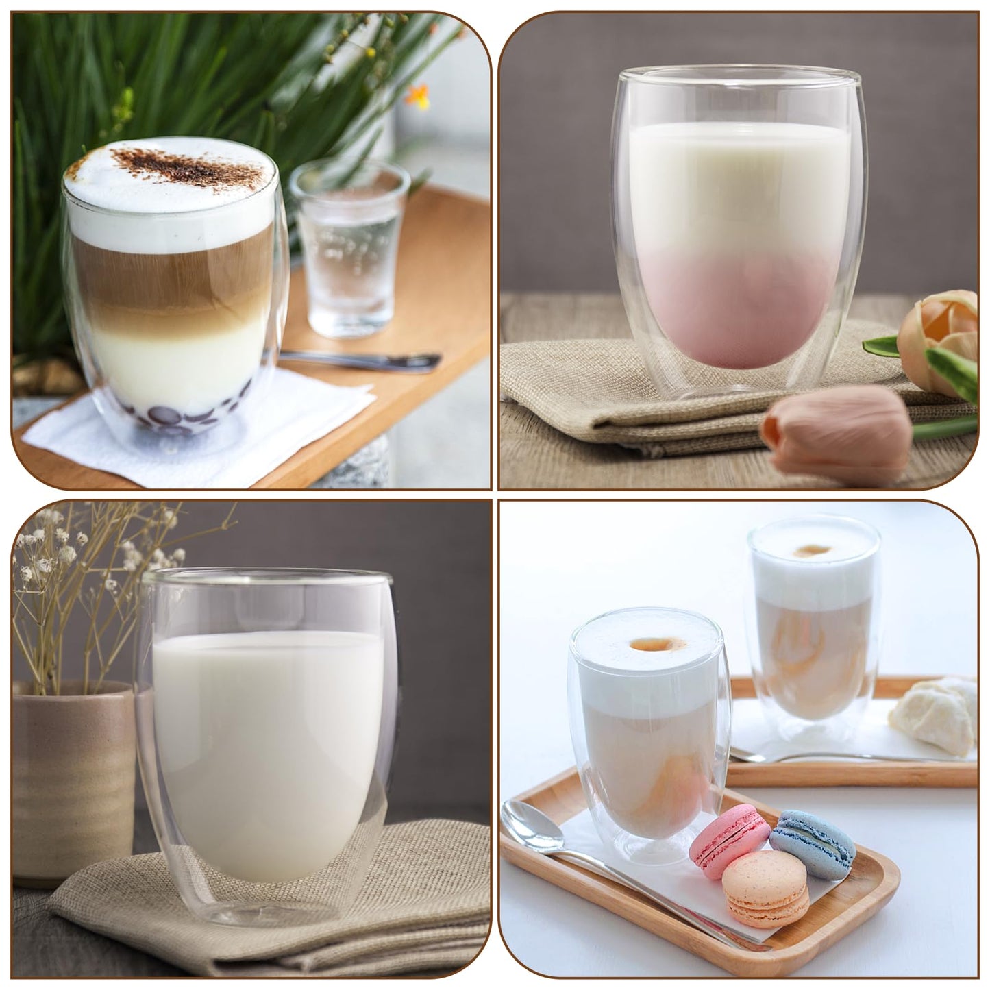 6x350ml Double Walled Glass Coffee Mugs with Spoon, Heat Resistant, Clear Double Glass Coffee Cups for Cappuccino Latte Tea Juice Milk Ice Cream