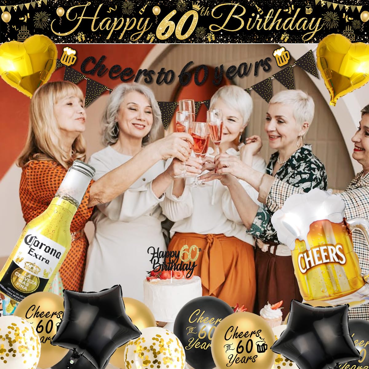 60th Birthday Decoration for Men, 60th Black Gold Balloons with Cheers to 60 Years Banner, Beer & Beer Mug Foil Balloons, Number 60 Foil Balloons for Birthday Party Decorations