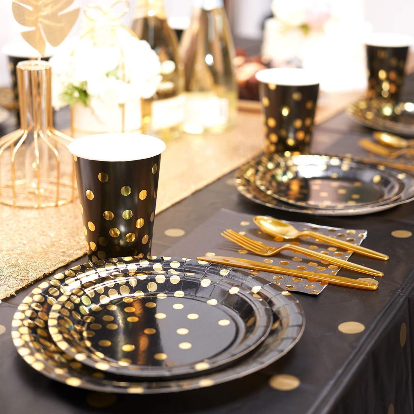 142 Pieces Black and Gold Party Supplies Set, Golden Dot Party Dinnerware, Include Black Paper Plates Napkins Cups, Gold Forks Knives for Graduation, Birthday, Cocktail Party Black /Gold