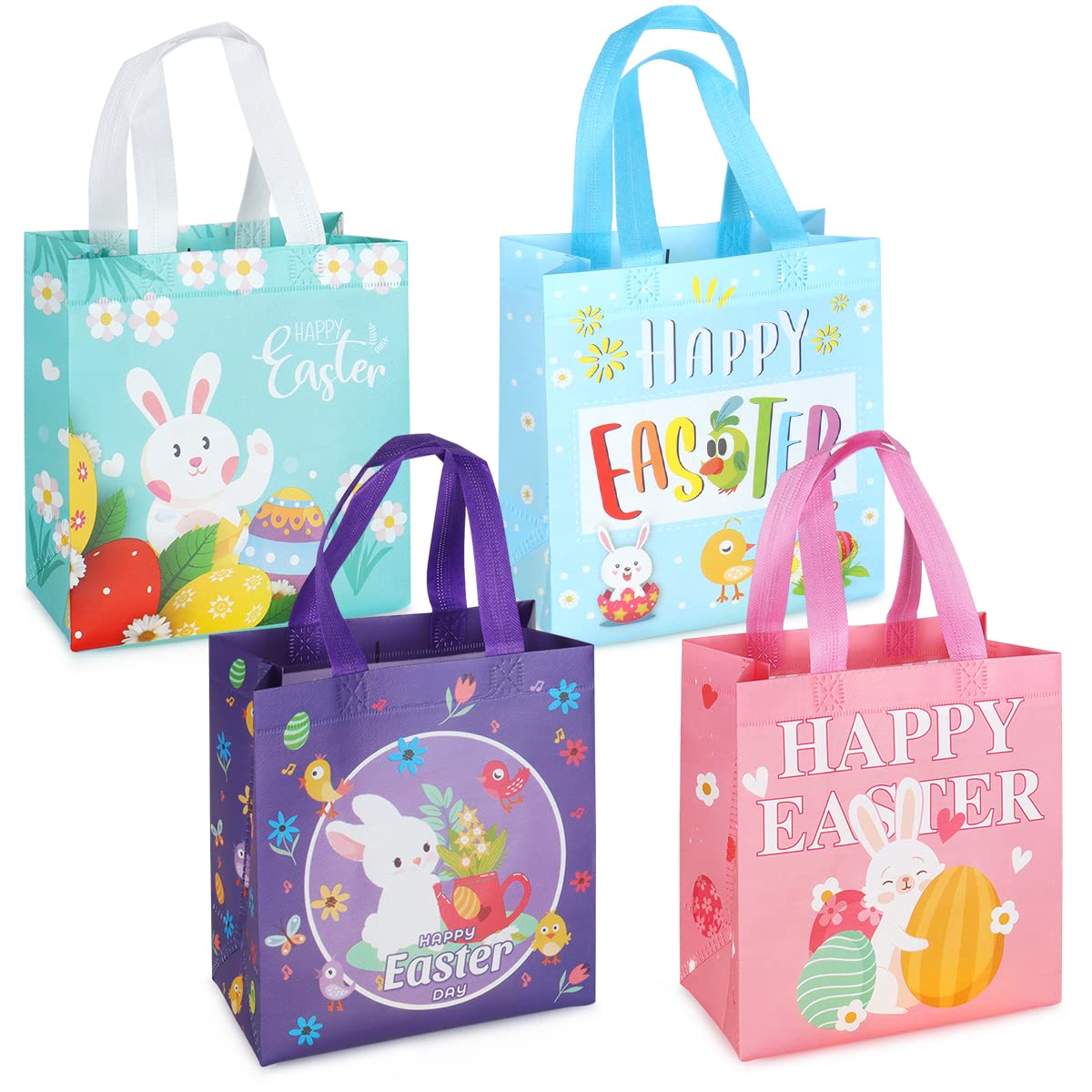 4PCS Happy Easter Egg Hunt Bags, Easter Bunny Carrot Chick Egg Bags with Handles, Easter Treat Bags, Non-Woven Bags for Gifts Wrapping, Egg Hunt, Easter Party Supplies, 23×22×11cm