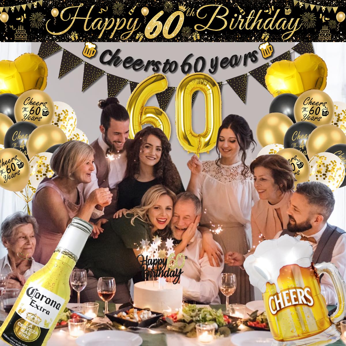 60th Birthday Decoration for Men, 60th Black Gold Balloons with Cheers to 60 Years Banner, Beer & Beer Mug Foil Balloons, Number 60 Foil Balloons for Birthday Party Decorations