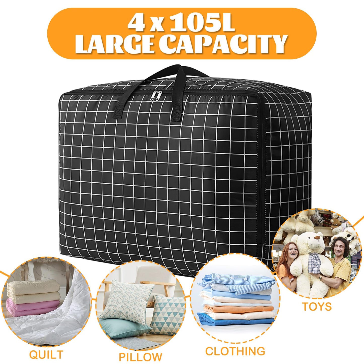 4 Pcs 105L Large Storage Bag, Extra Large Storage Bag with Zips for Moving House Storage Clothes Bedding Duvet Quilt Blankets Waterproof Moving Totes 4*105L