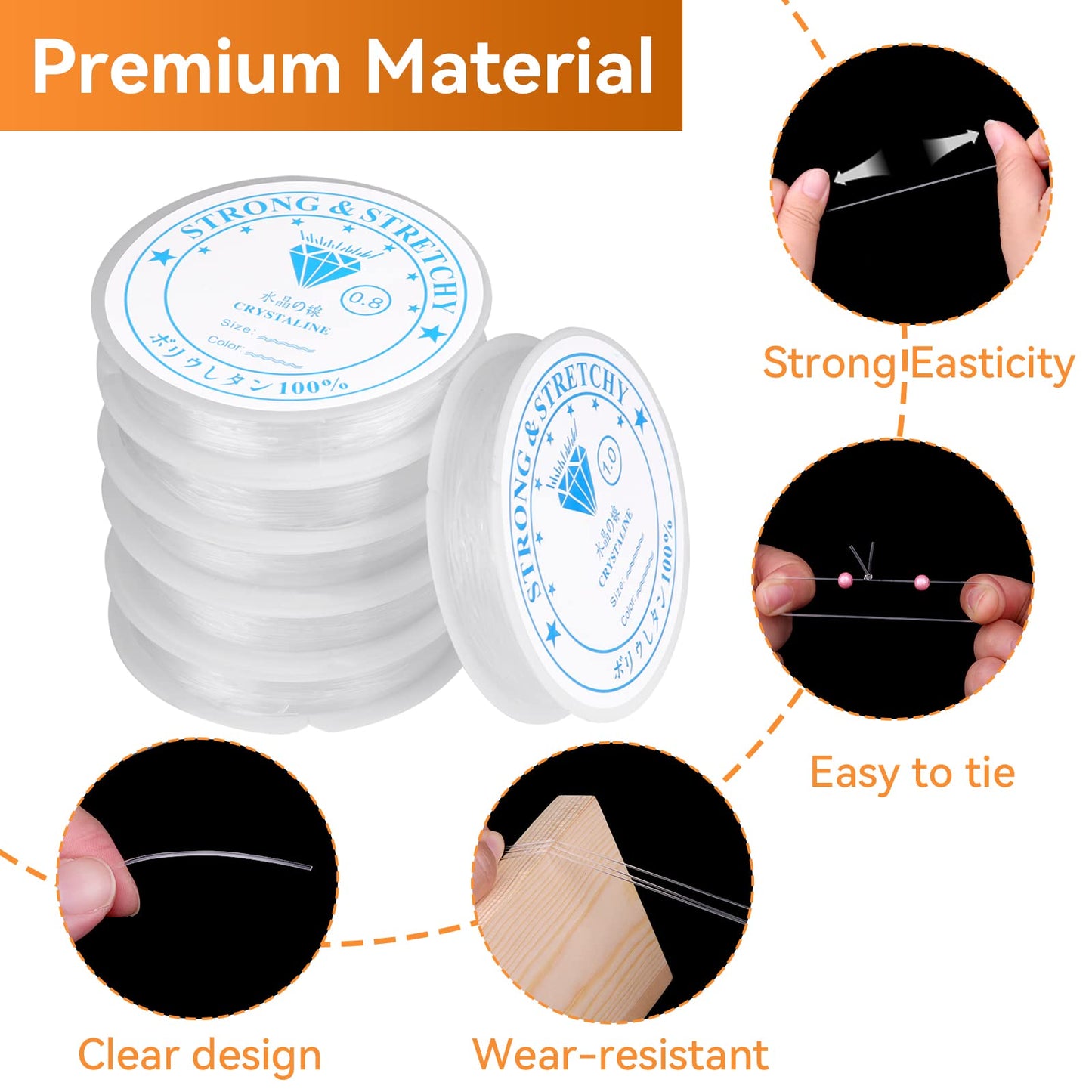 6 Rolls Elastic String for Bracelets, 0.4mm-1.0mm Bracelet Strings, Durable Bead Thread with 3 Bead Needles and 1 Cutter, Clear Bead Cord for Jewelry Necklace Bracelet Making(66m) model 1