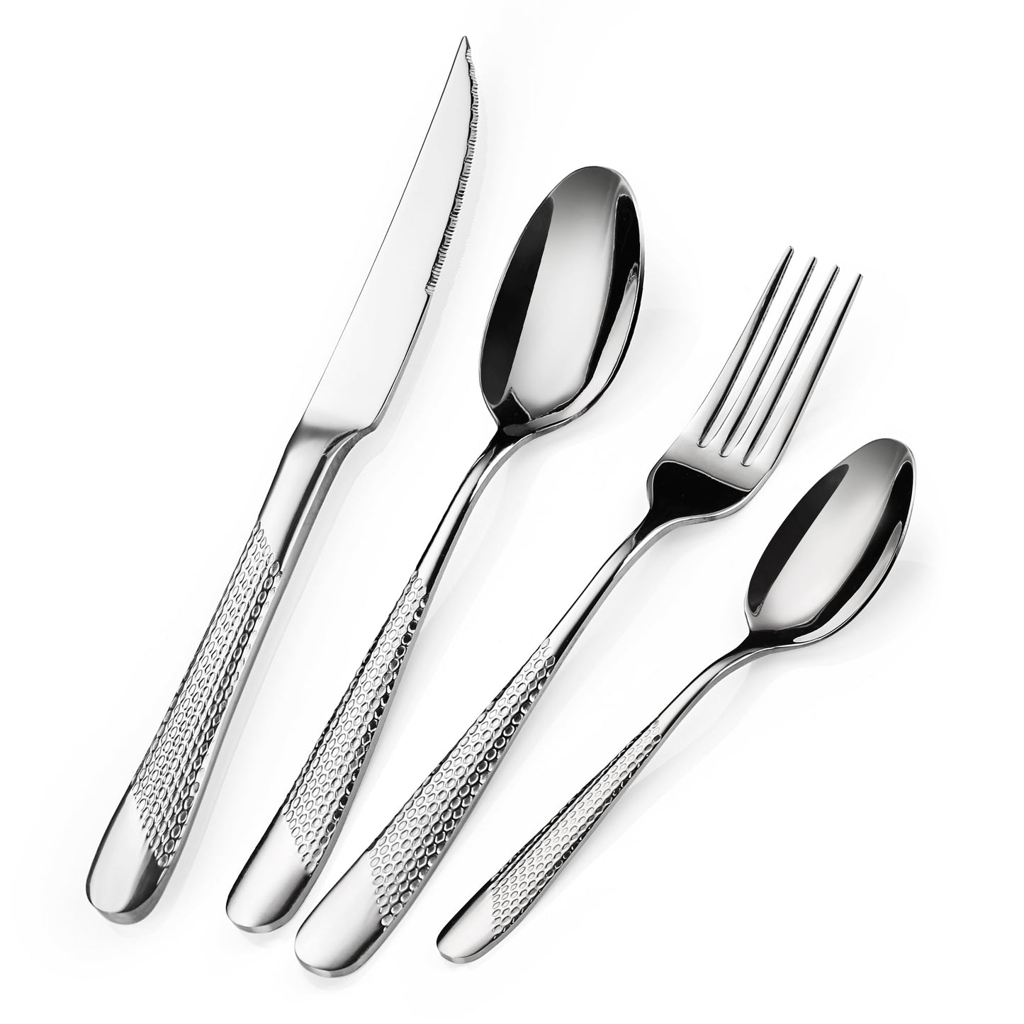 16 Piece Cutlery Set, Stainless Steel Knife and Fork Sets Service for 4, Hammered Pattern Design Tableware with Forks/Spoons/Knives, Modern Silverware Set for Home/Restaurant/Party Silver