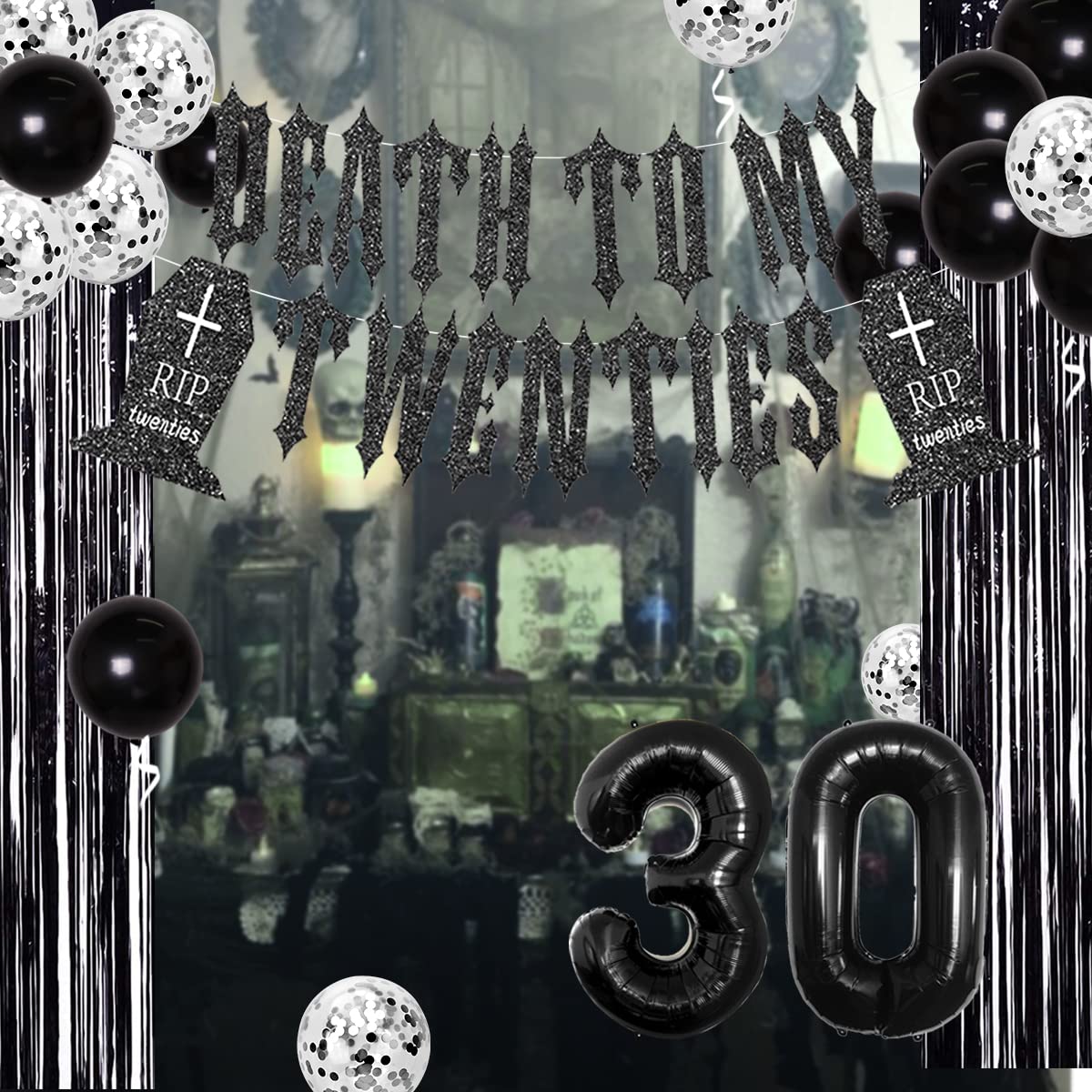 30th Birthday Decorations for Him Her Black Death to My Twenties Banner, Rip to My 20s Sash, Number 30 Balloon, Happy Birthday Balloon Banner, Foil Curtain for Funny Thirtieth Birthday Party Supplies Rip Twenties 1