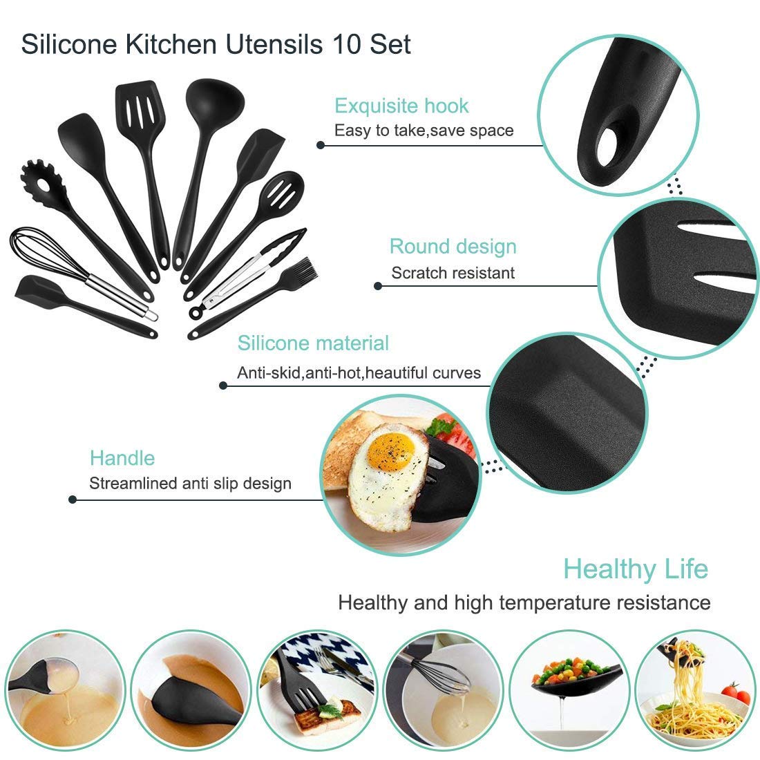 10-Piece Silicone Kitchen Utensil Set - Non-Stick, Heat Resistant Cooking Utensils Set of Spatula, Turner, Spoons, Tong, Oil Brush and Whisk (Black)