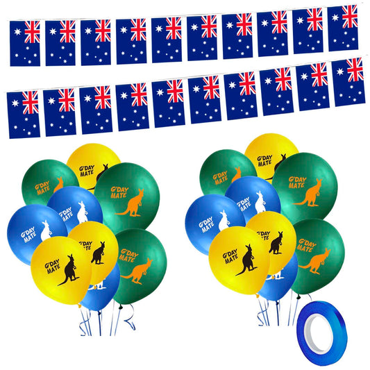 5M Australian Flag Bunting Banner by 20 Pcs Small Australian Flags,18Pcs Kangaroo Balloons Australia Day Balloons and Silvery Grey Ribbons for Australian Party Decorations,Baby Shower Birthday Party