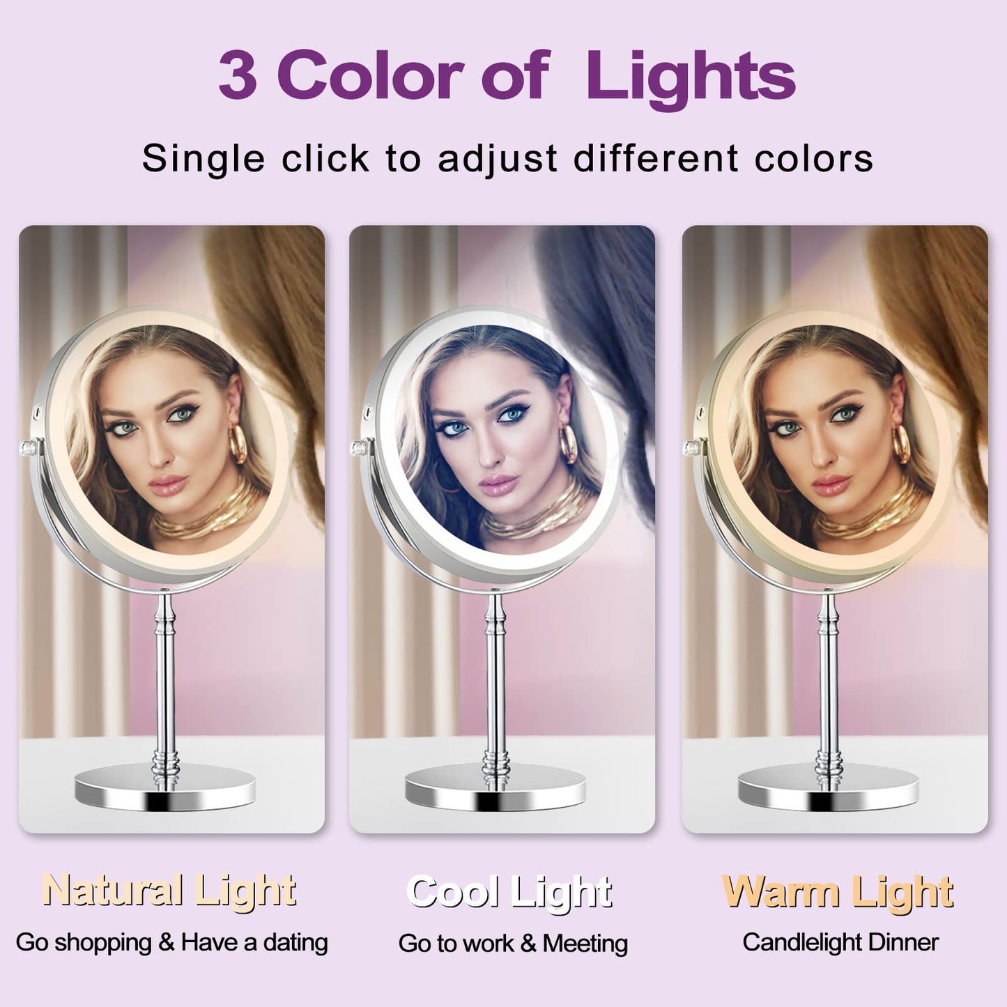 8in Rechargeable Lighted Makeup Mirror with 3 Color Lights Dimmable Double Sided 1X/10X Magnifying Mirror Touch Screen