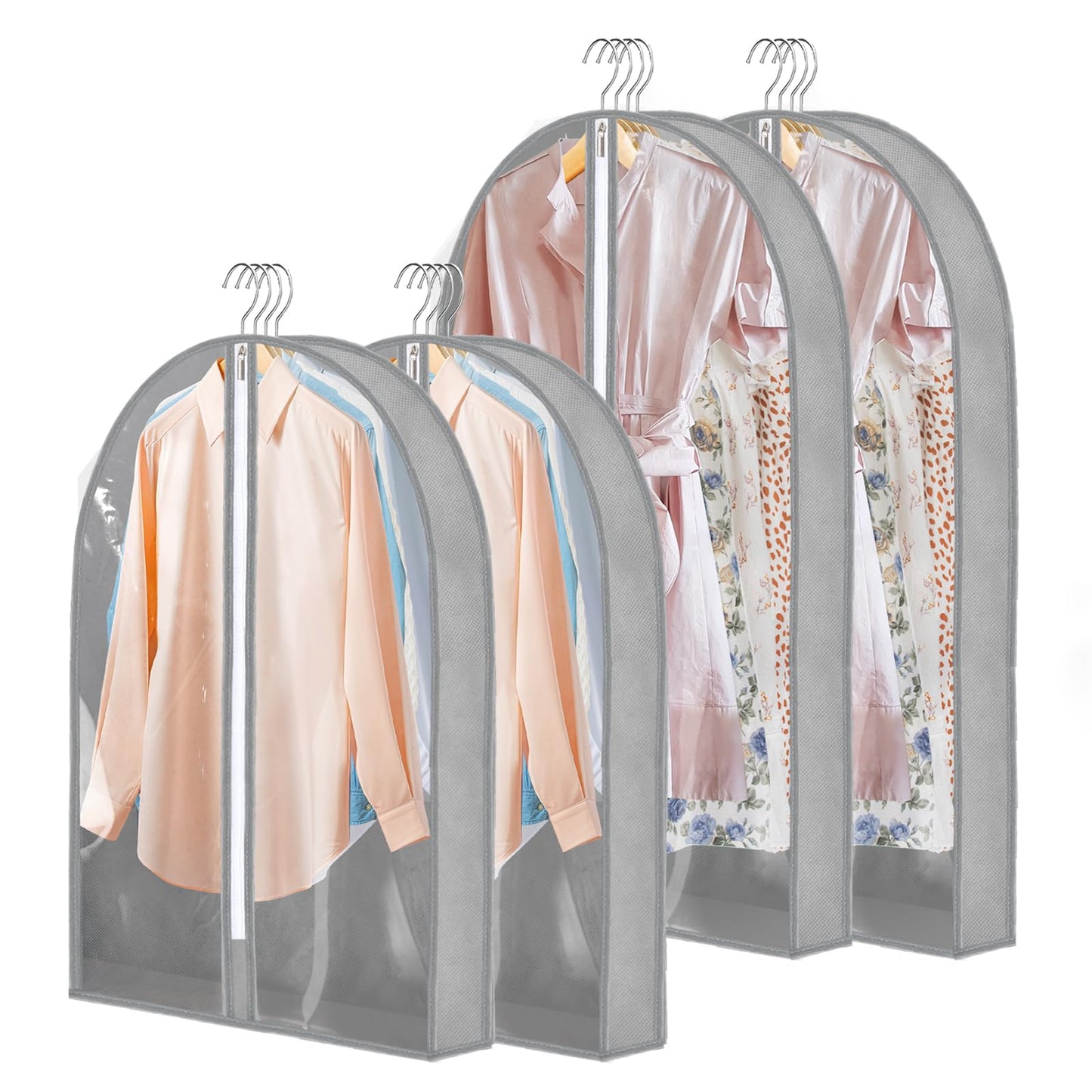 4 Pcs Garment Bags(60×100/127cm), Transparent Clothes Covers Protector Bags with Zip Clothes Covers Suit Covers Clothes Storage Clothes Bags for All Garments