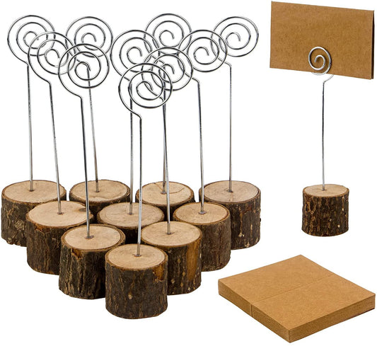 20 Pcs Rustic Wood Place Card Holders with Swirl Wire and 30 Pcs Kraft Place Cards, Wooden Table Number Holder Stand Photo Picture Note Clip Holders for Wedding Party Name Sign