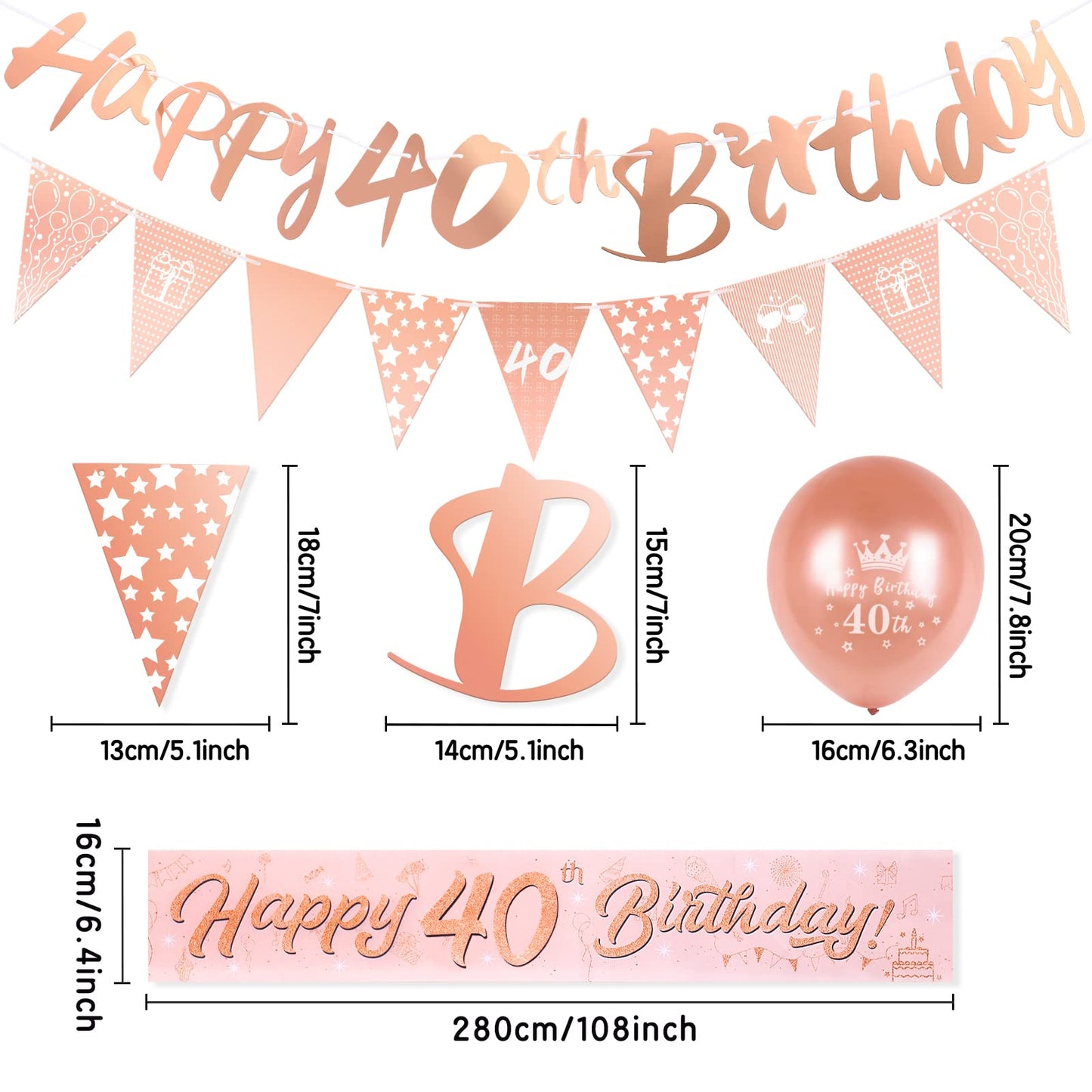 40th Birthday Decoration Kit Rose Gold Happy 40th Birthday Banner Triangle Flag Confetti Balloons Birthday Party Decorations Supplies Age 40