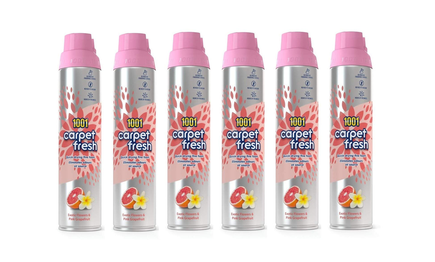 1001 Carpet Fresh Exotic Flowers & Pink Grapefruit Fragrance – Quick drying, For use On Carpet Rug Upholstery Freshening Foam Pet Odour Remover, Pack of 6 300ml Aerosol Spray Can