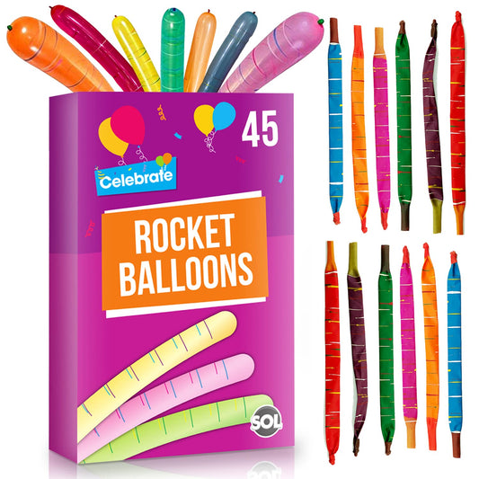 45pk SOL Rocket Balloons Assorted Colours | Flying Balloons | Party Balloons Whistling Balloons Party Bag Fillers for Kids | Noisy Balloons | Screaming Balloons Latex Balloons Loot Bags Favours