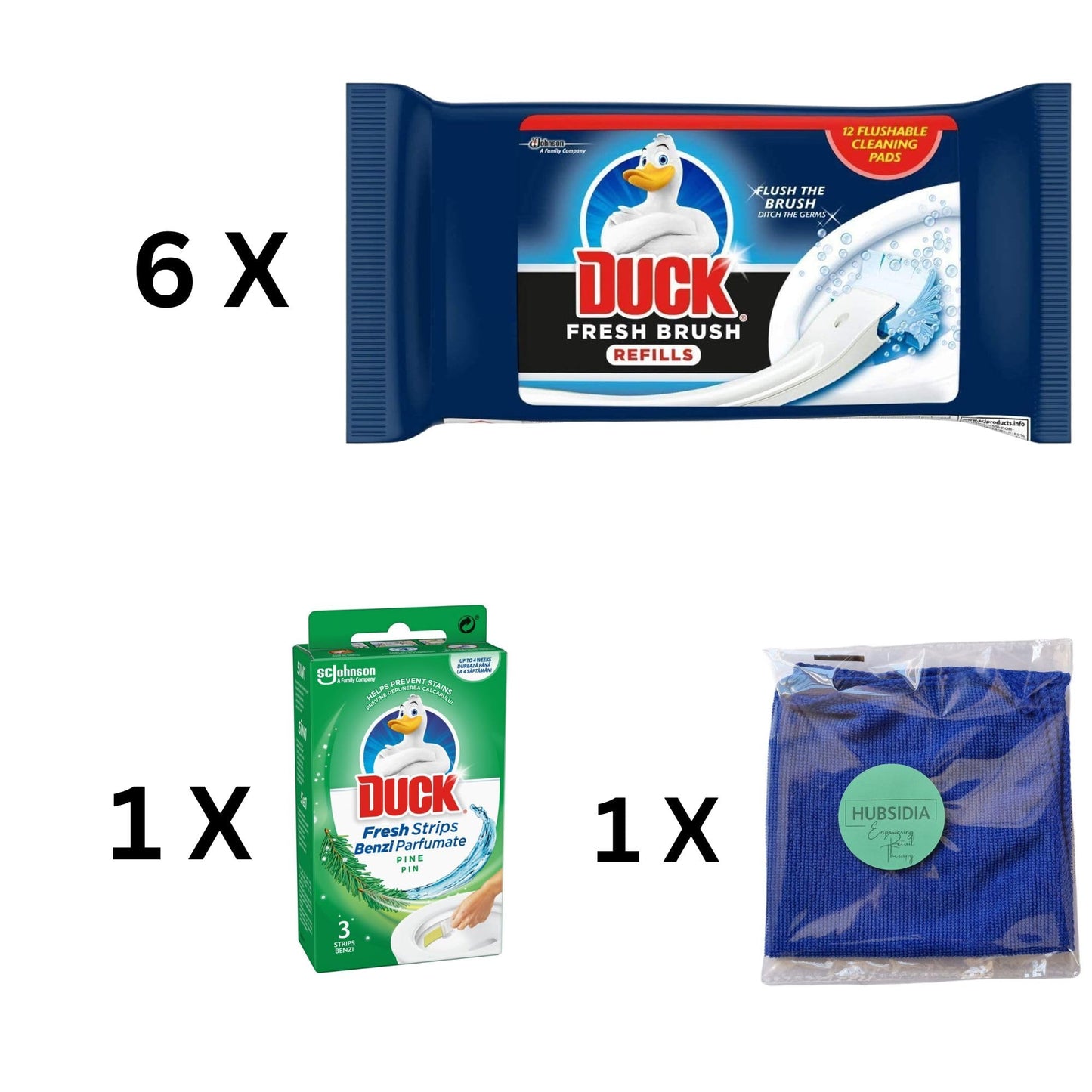 6 x Duck Fresh Brush Refills(6 Packs, 72 Flushable Cleaning Pads) with 1x Toilet Duck Fresh Strips Pine(3 Strips) and 1x Hubsidia Microfibre Cloth