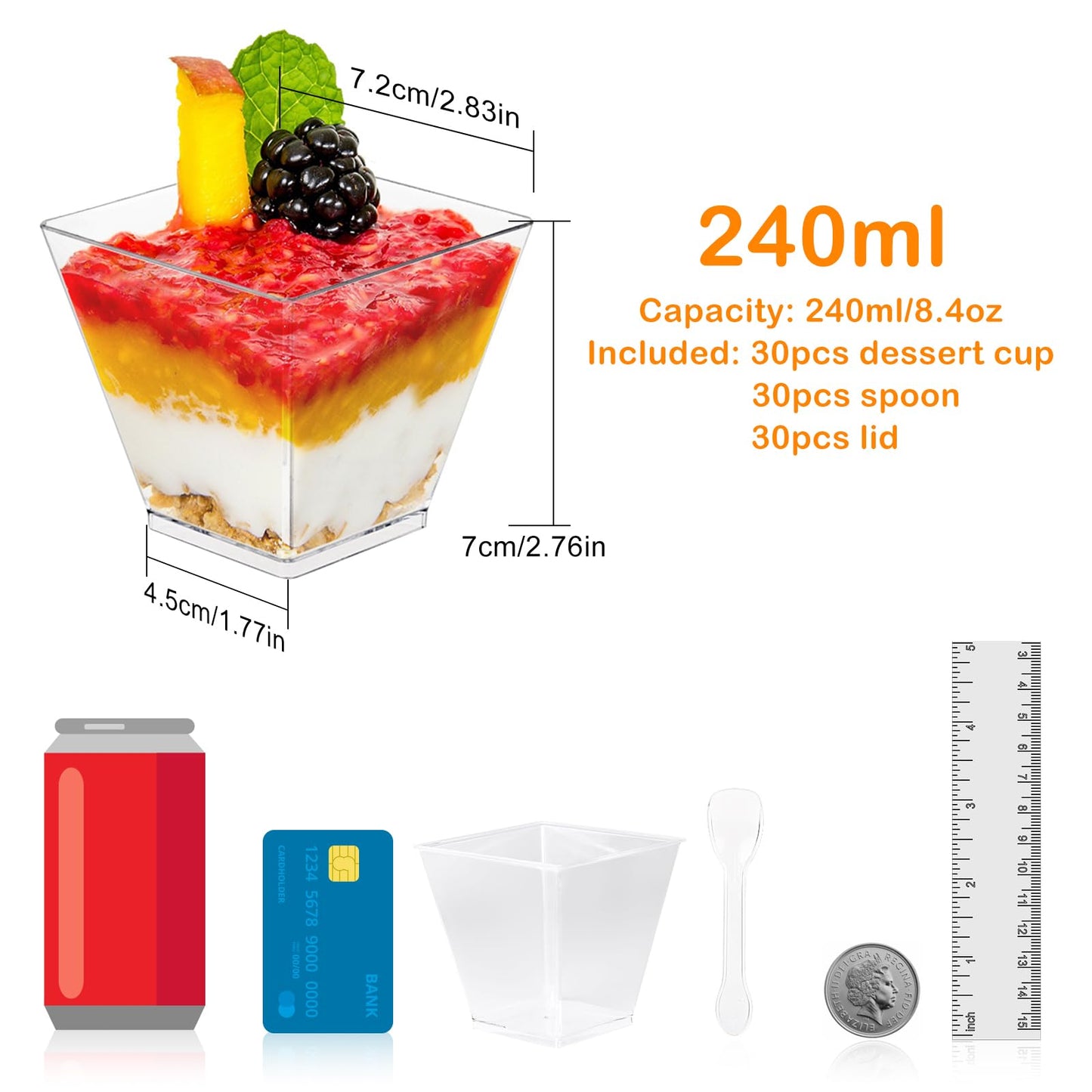 30 Pcs Dessert Cups with Lids and Spoons, 240ml/8.4oz Square Dessert Cups Set, Reusable Plastic Dessert Pots for Dessert Pudding Mousse Ice Cream Cheesecake