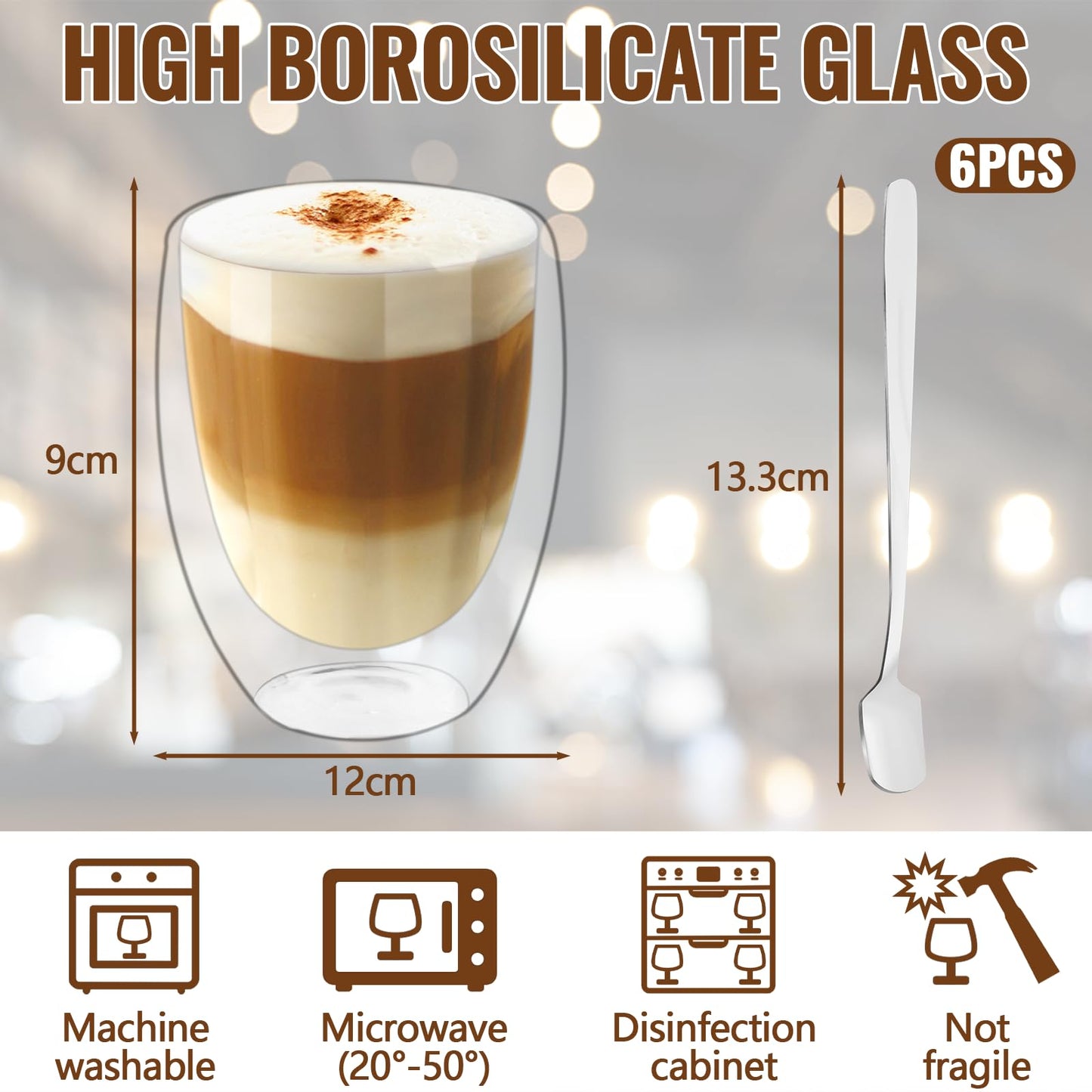 6x350ml Double Walled Glass Coffee Mugs with Spoon, Heat Resistant, Clear Double Glass Coffee Cups for Cappuccino Latte Tea Juice Milk Ice Cream