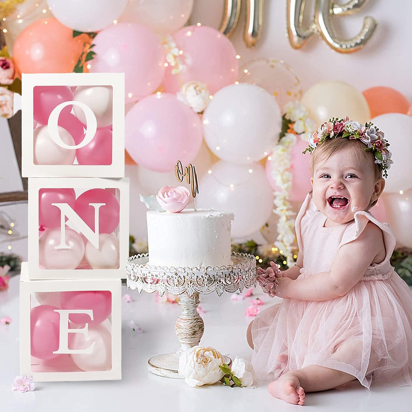 1st Birthday Decorations for Girls, One Balloon Boxes for 1st Birthday, 3Pcs Balloon Boxes with 24 Balloons and ONE Letters, Girl First Birthday Decorations, 1 One Year Old Birthday Party Supplies Pink