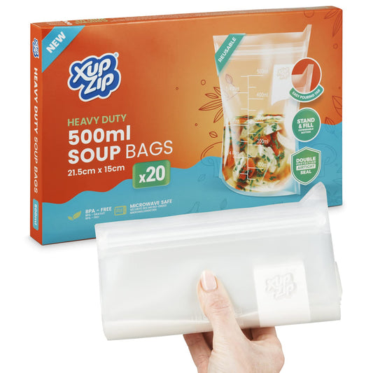 20 x XupZip 500ml Soup Bags - Clear Soup Bag 20 x 17.4cm - Heavy-Duty Freezer Bags - Airtight Double Seal, Easy Pouring Tab - Standing Food Storage Bags - Reusable Freezer Bags for Soup Storage 500ml - 20 Bags