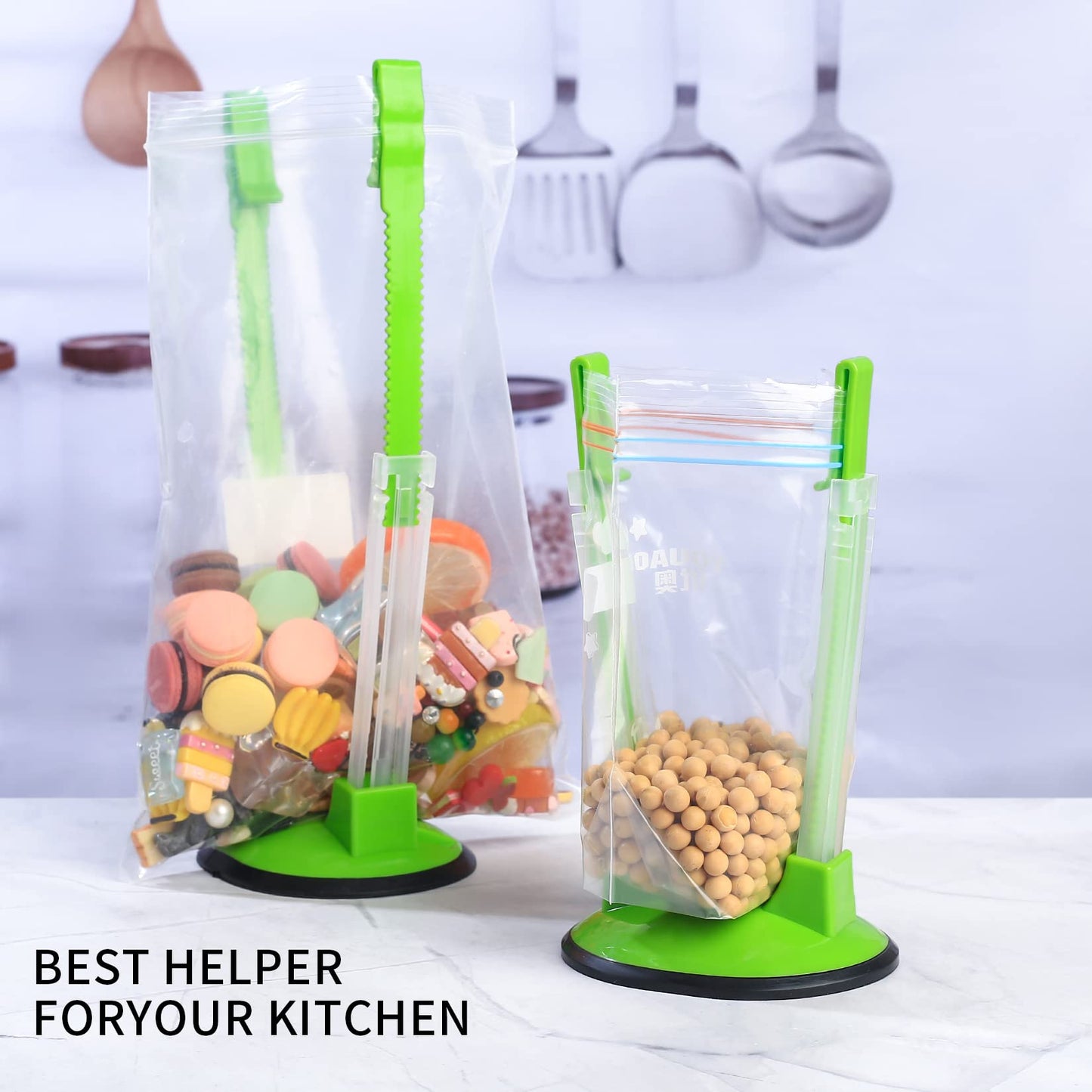 2 Pcs Baggy Racks, Adjustable Sandwich Bag Stand Holders, Food Storage Bags Clips Stands, Plastic Reusable Freezer Bag Racks Holders, Food Prep Bag Holders Stands - Green (2)