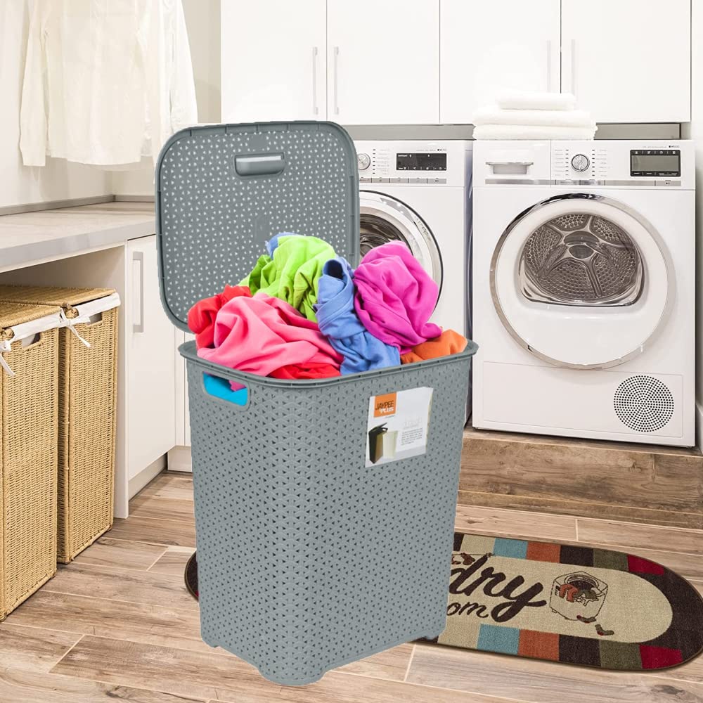 65L Litre Large Laundry Basket With Lid Plastic Rattan Style Knit Design Grey/Silver Laundry Hampers Washing Baskets Bin with Handles Dirty Linen Clothes Laundry Basket Bin for Bathroom Bedroom