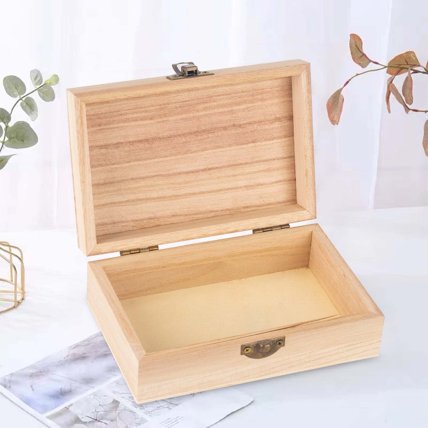 6 Pieces Unfinished Pine Wood Box with Hinged Lid Treasure Boxes with Locking Clasp Treasure Chest Decorate Wooden Boxes for DIY Crafting Gift Storage Box, 15 x 10 x 5 cm