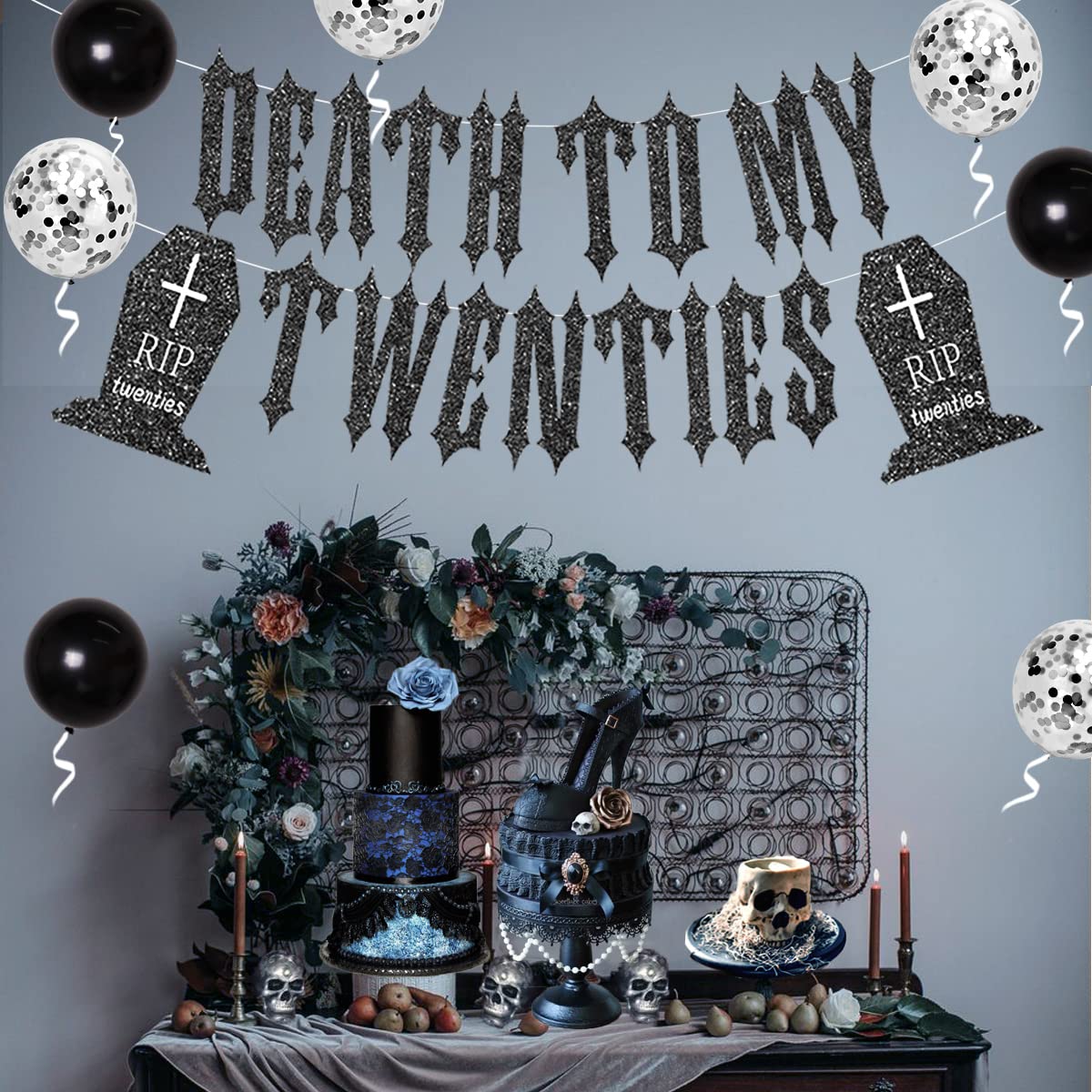 30th Birthday Decorations for Him Her Black Death to My Twenties Banner, Rip to My 20s Sash, Number 30 Balloon, Happy Birthday Balloon Banner, Foil Curtain for Funny Thirtieth Birthday Party Supplies Rip Twenties 1