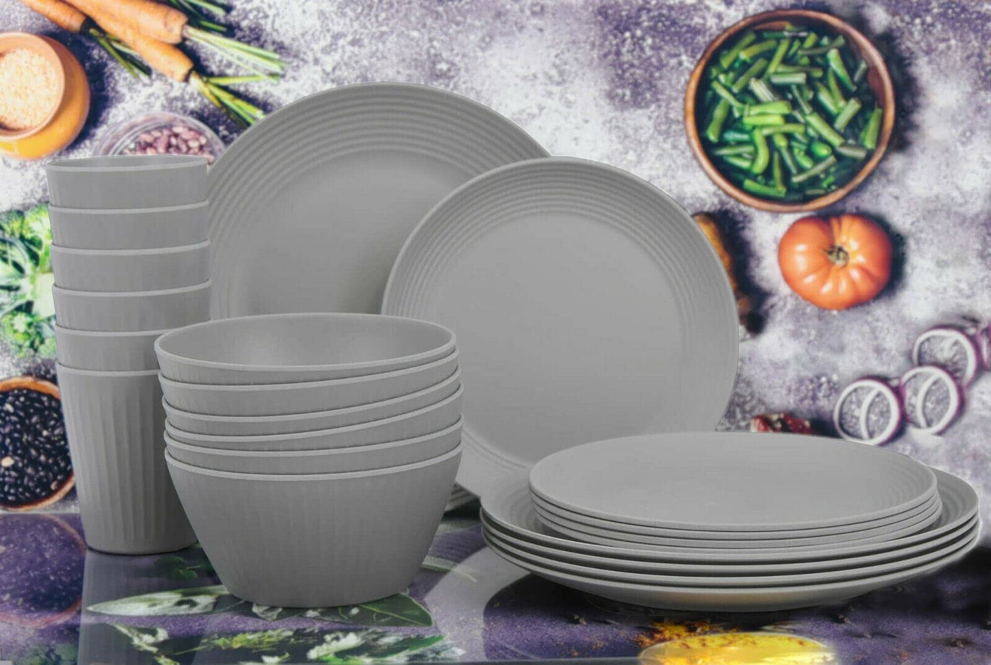 24pcs Grey Picnic Set Dinner Plate Tableware Outdoor Party Beach Camping Travel BBQ Set Lightweight Serving Bowls Cups Plates Dinnerware Set for 6 People