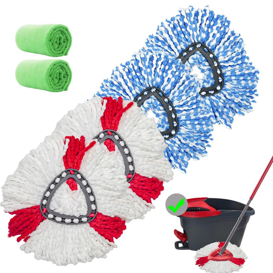 4 Pack Spin Mop Replacement Heads Microfiber Mop Refills Replace Heads Compatible for Vileda Triangle Swivel Mops Includes 2 Extra Microfiber Cleaning Cloths Mop Replacement Heads + Replacement Base