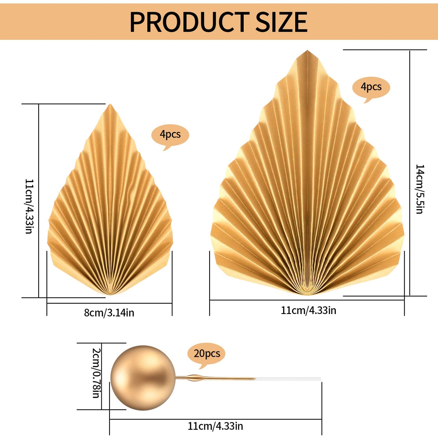 28 Pcs Gold Cake Topper Decorations(8 x Paper Palm Fan Cake Decorations, 20 x Round Ball Cake Insert Decoration), Palm Leaf Cake Toppers, Cupcake Decorations for Birthday Party Wedding Decor