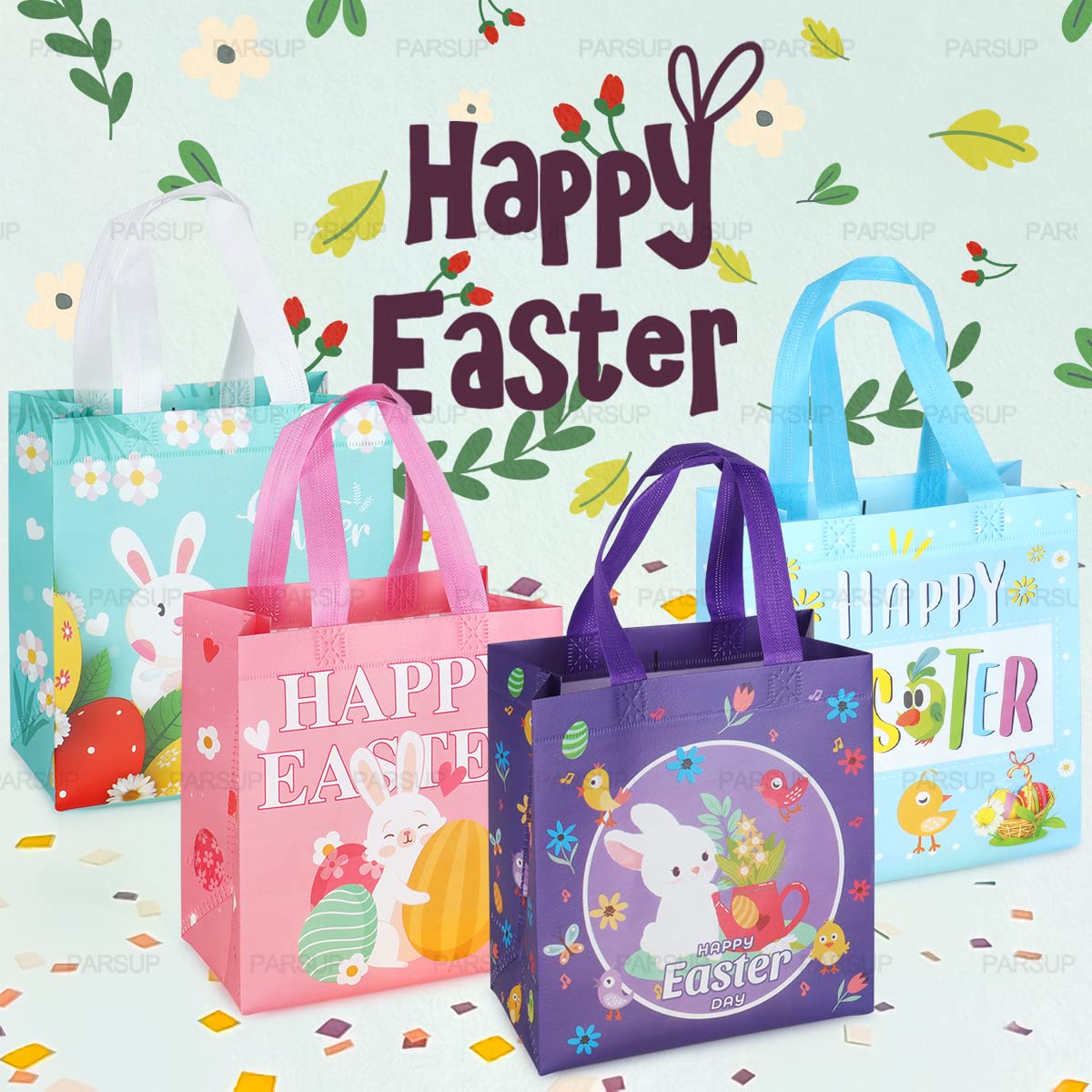 4PCS Happy Easter Egg Hunt Bags, Easter Bunny Carrot Chick Egg Bags with Handles, Easter Treat Bags, Non-Woven Bags for Gifts Wrapping, Egg Hunt, Easter Party Supplies, 23×22×11cm