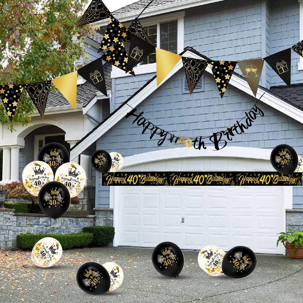 14 Pieces 40th Happy Birthday Decorations Kit, Birthday Party Decoration Including Party Supplies Birthday Straps 9ft Banner Triangle Flags Confetti Latex Balloons