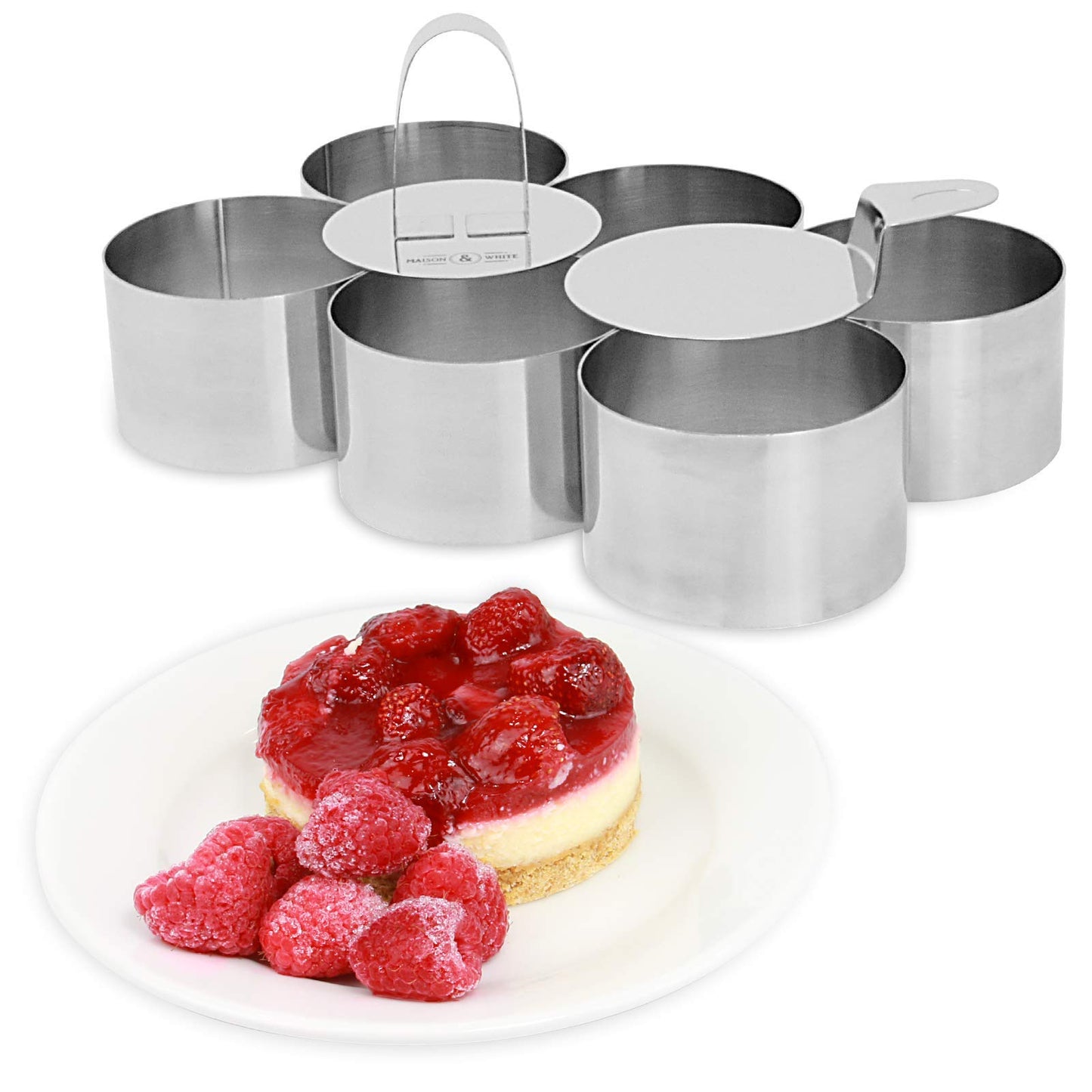 8 Piece Cooking & Dessert Ring Set | 6 x Presentation Mould Rings | 1x Food Press & 1 x Spatula | Stainless Steel | Sweet & Savoury | Cheesecake Eggs Pastry Baking Moulds | M&W